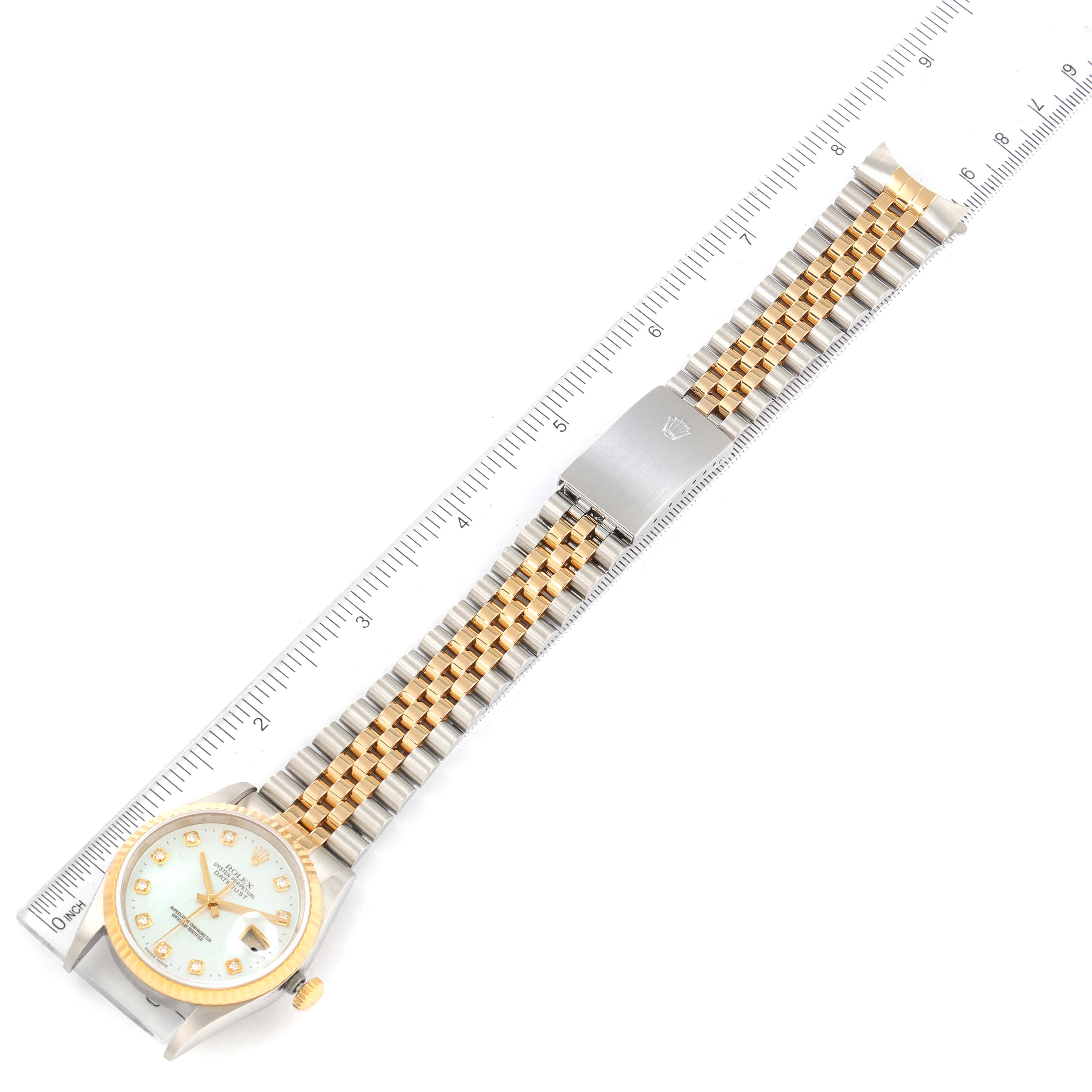 The Rolex Datejust 16233 Men's Steel and Gold (two tone) Mother of Pearl Dial 16233 Men's Steel and Gold (two tone) Mother of Pearl Dial watch is shown from a top-down angle, featuring the face, bezel, and full two-tone bracelet.