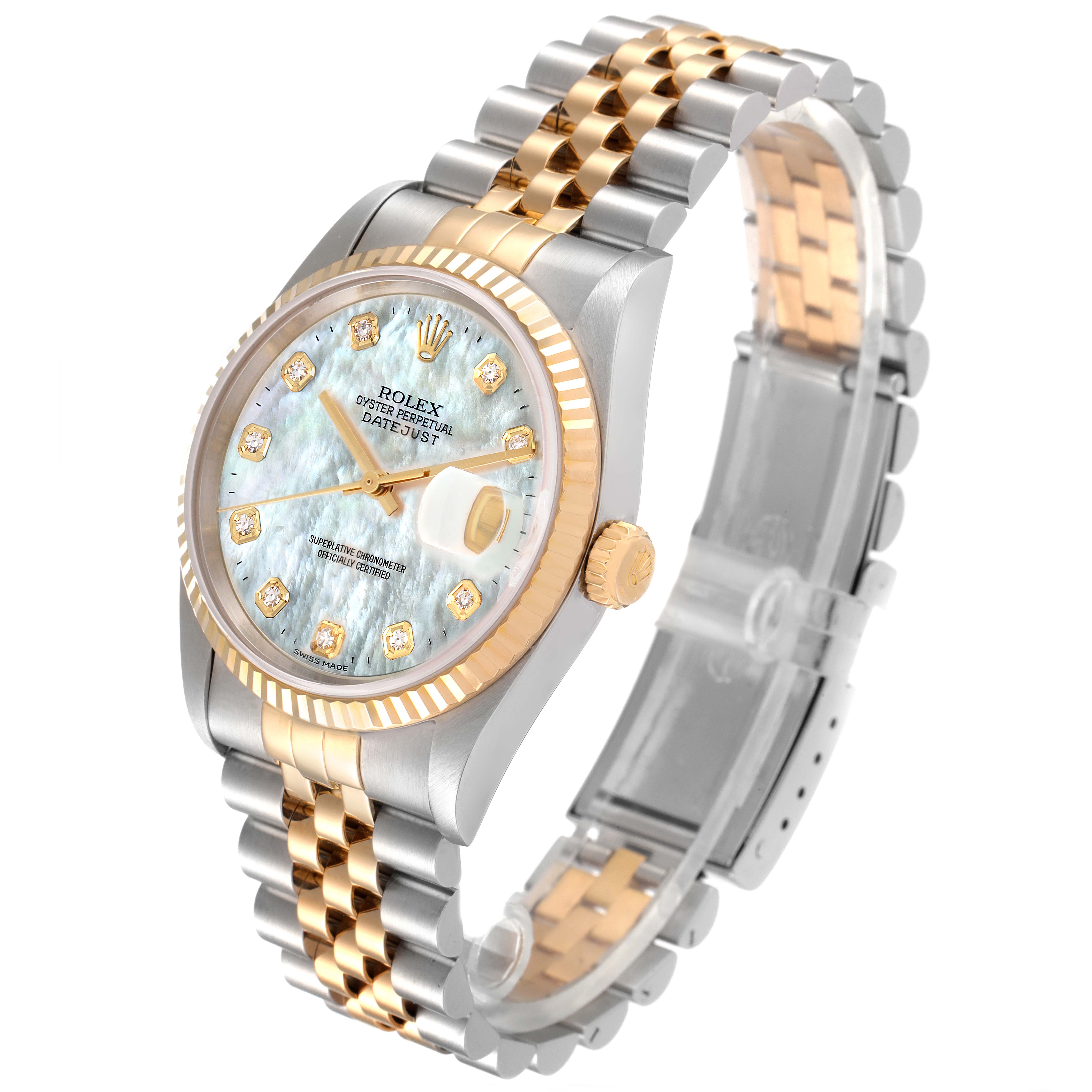 The Rolex Datejust 16233 Men's Steel and Gold (two tone) Mother of Pearl Dial 16233 Men's Steel and Gold (two tone) Mother of Pearl Dial watch is shown at a slight angle, displaying the face, bezel, crown, and two-tone bracelet.