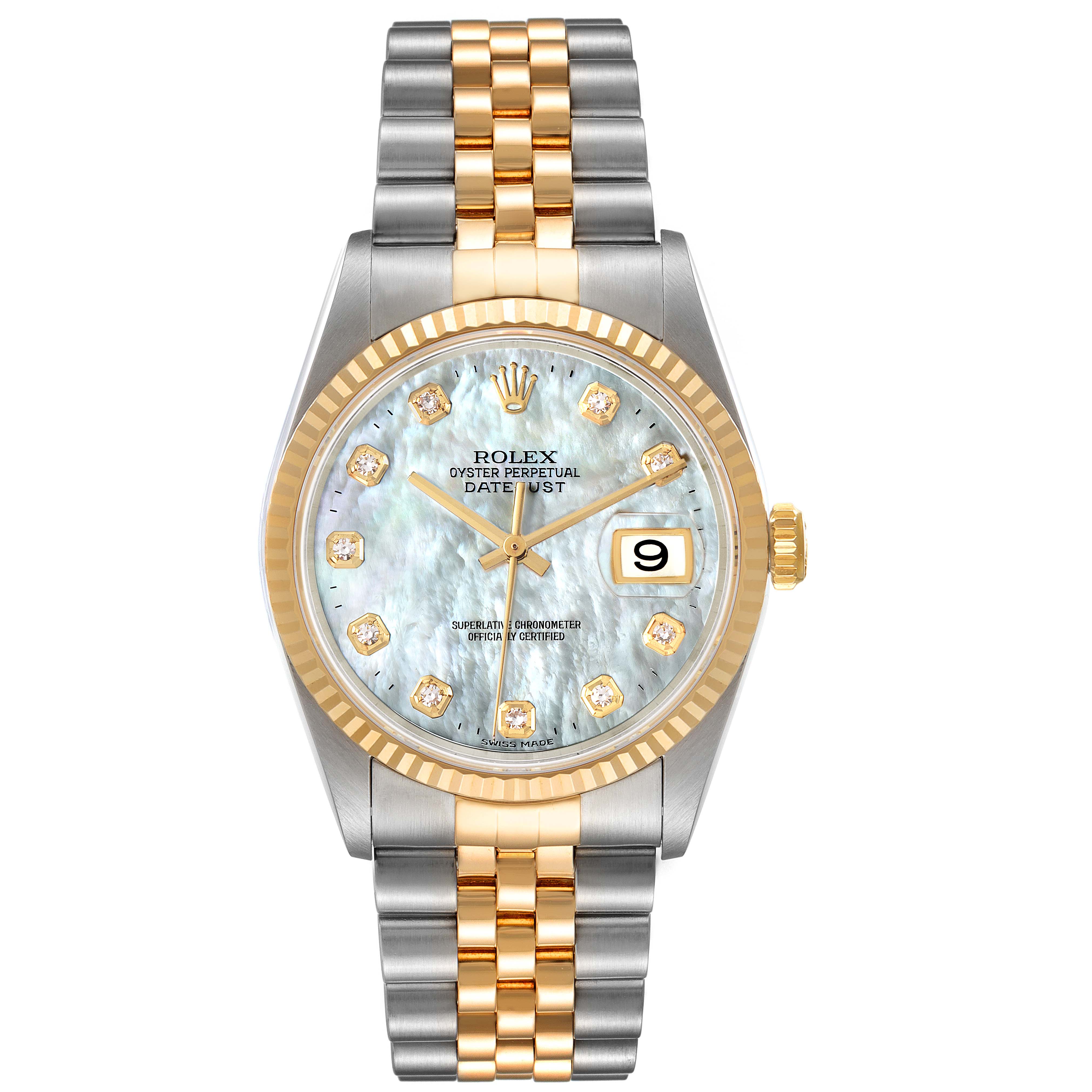 This image shows a frontal view of a Rolex Datejust 16233 Men's Steel and Gold (two tone) Mother of Pearl Dial 16233 Men's Steel and Gold (two tone) Mother of Pearl Dial watch with a two-tone bracelet and a diamond-studded mother-of-pearl dial.