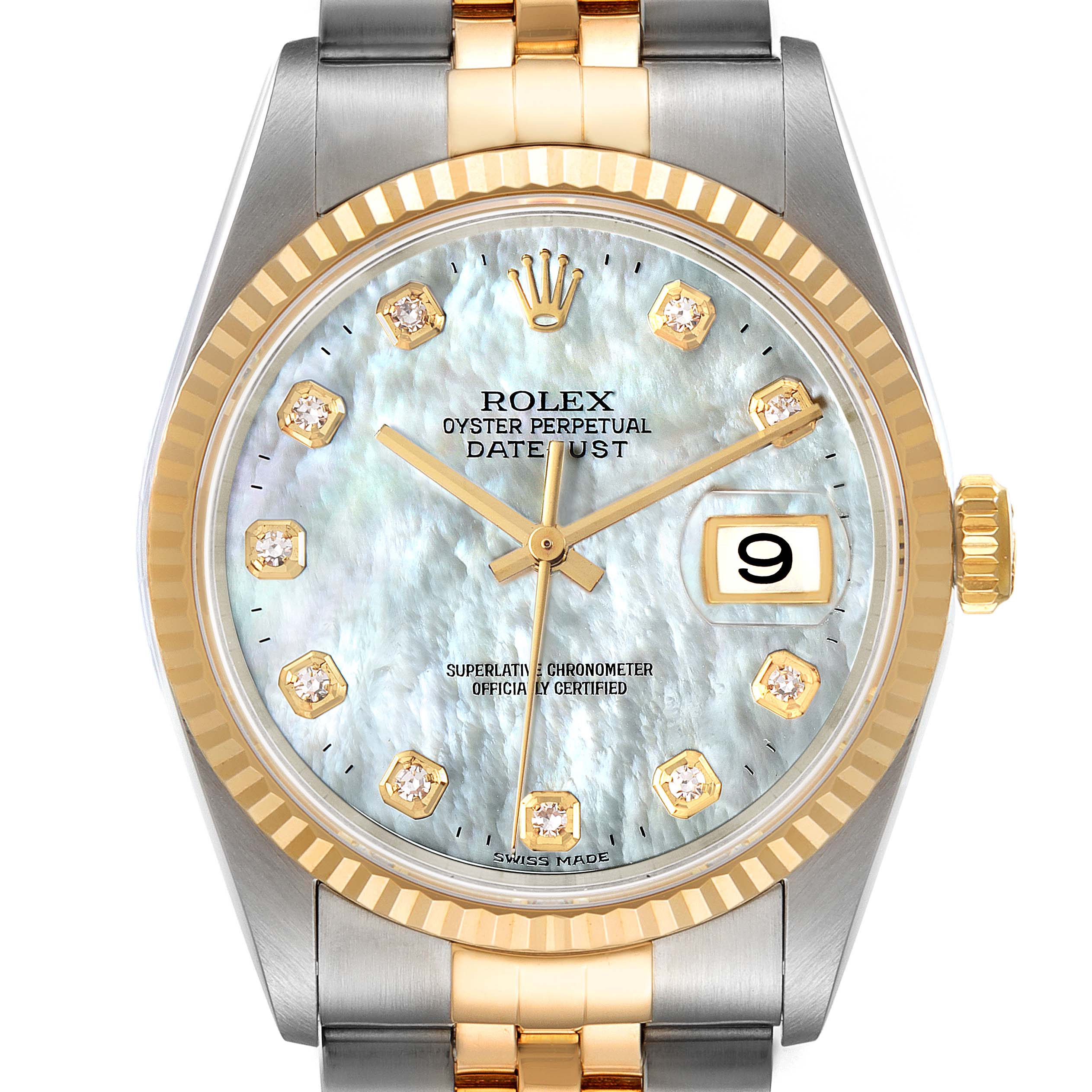 The image shows a front view of the Rolex Datejust 16233 Men's Steel and Gold (two tone) Mother of Pearl Dial 16233 Men's Steel and Gold (two tone) Mother of Pearl Dial watch, featuring its dial, bezel, crown, and part of the bracelet.