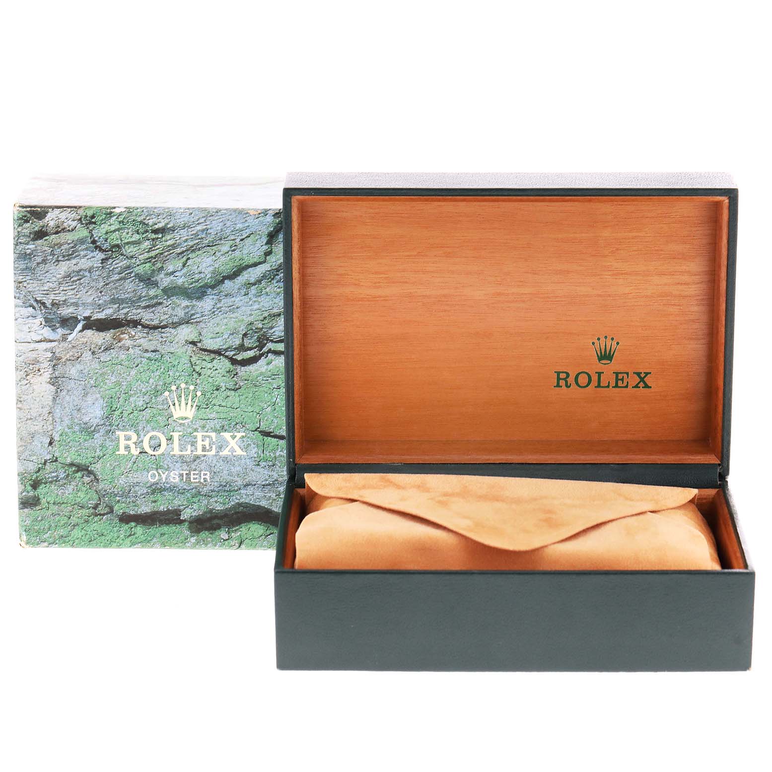 The image shows an open Rolex Datejust 16233 Men's Steel and Gold (two tone) Mother of Pearl Dial 16233 Men's Steel and Gold (two tone) Mother of Pearl Dial box and protective pouch, with the lid and outer box prominently displayed.