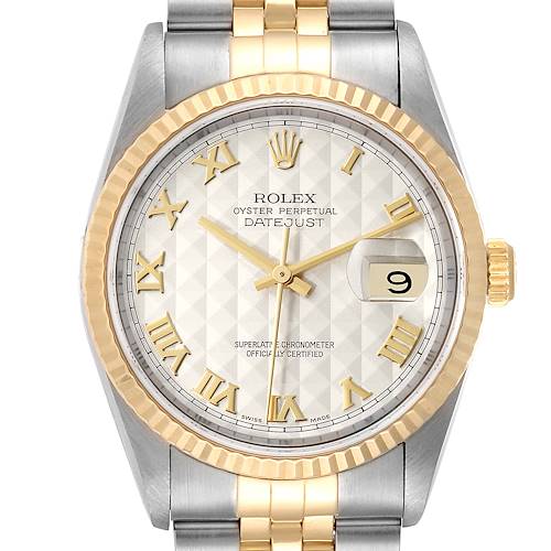 Photo of Rolex Datejust Steel Yellow Gold Pyramid Roman Dial Mens Watch 16233