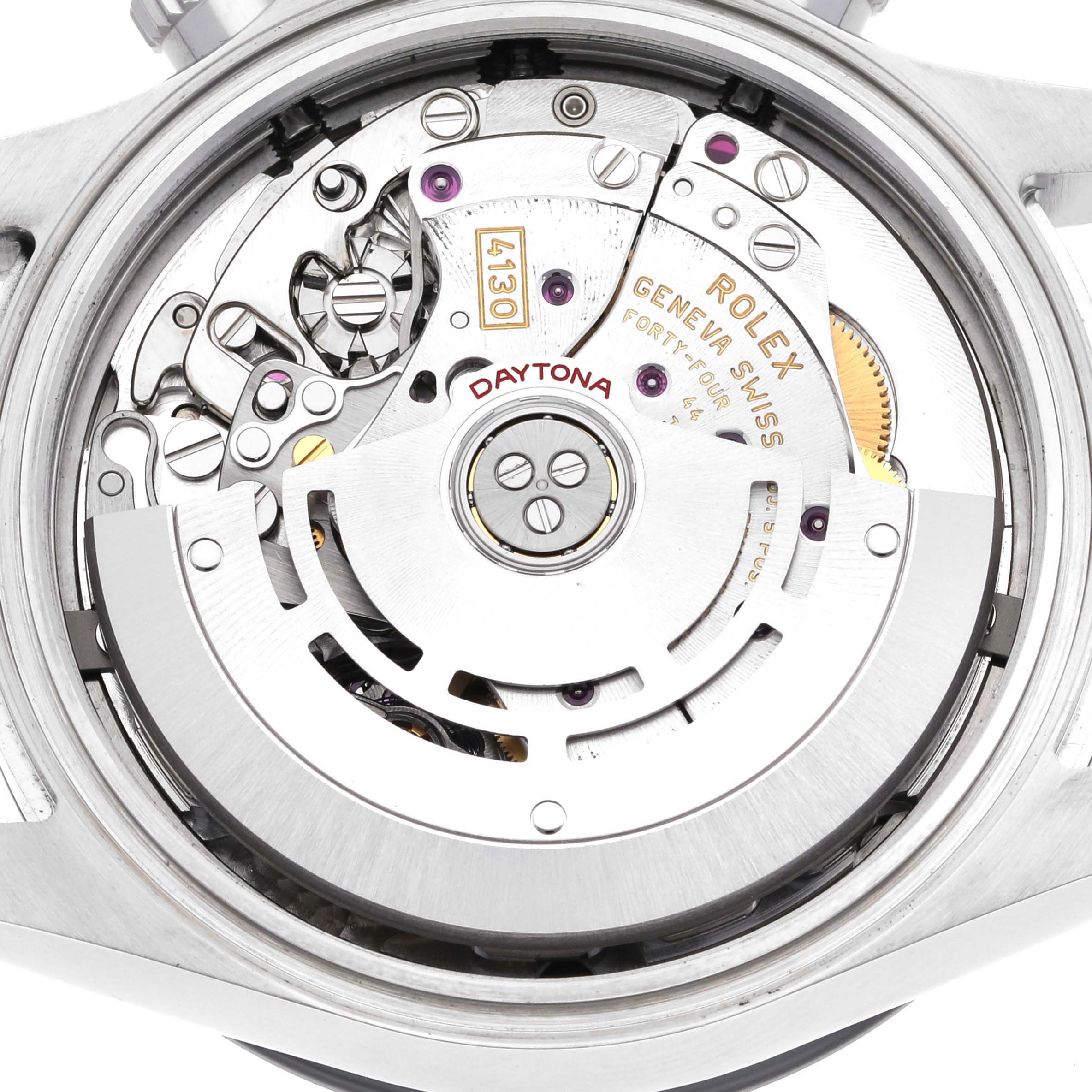 This image shows the internal mechanism of a Rolex Daytona 116500LN Men's Stainless Steel White Dial 116500LN Men's Stainless Steel White Dial watch, specifically the movement caliber 4130, viewed from the back.