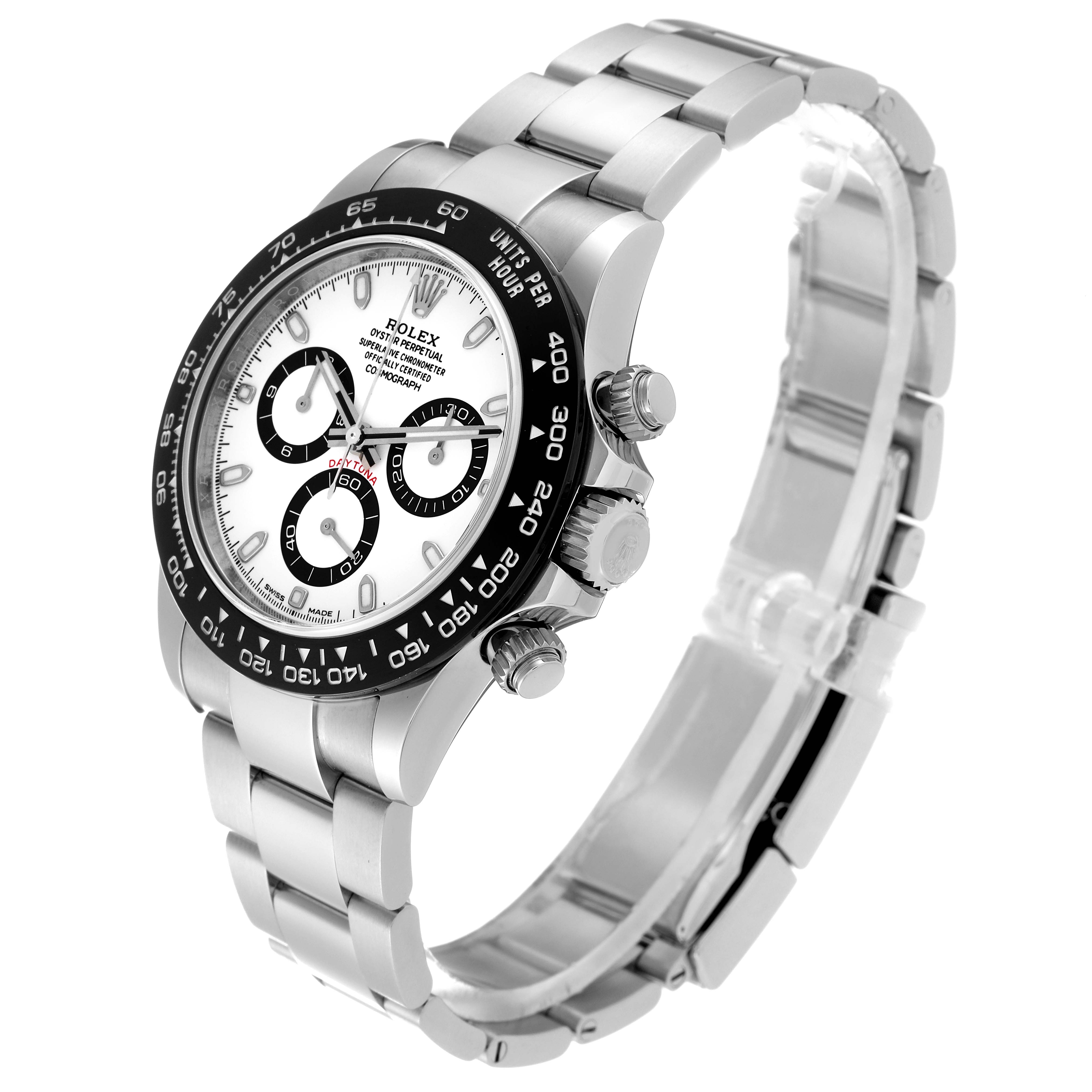 The Rolex Daytona 116500LN Men's Stainless Steel White Dial 116500LN Men's Stainless Steel White Dial watch is shown at a slight angle, highlighting its strap, bezel, and face with three subdials.