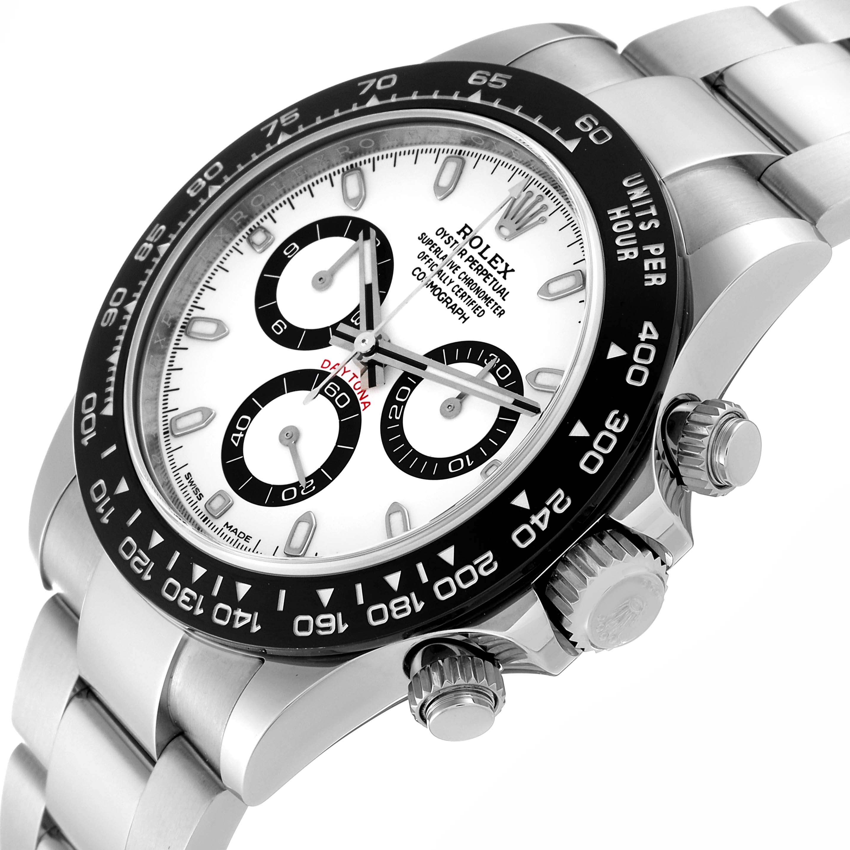 The Rolex Daytona 116500LN Men's Stainless Steel White Dial 116500LN Men's Stainless Steel White Dial watch is shown at an angled view, highlighting its dial, bezel, and crown.