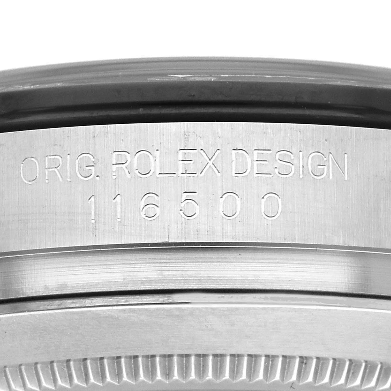 The image shows the side view of the casing of a Rolex Daytona 116500LN Men's Stainless Steel White Dial 116500LN Men's Stainless Steel White Dial watch, displaying the engraved model number 116500.