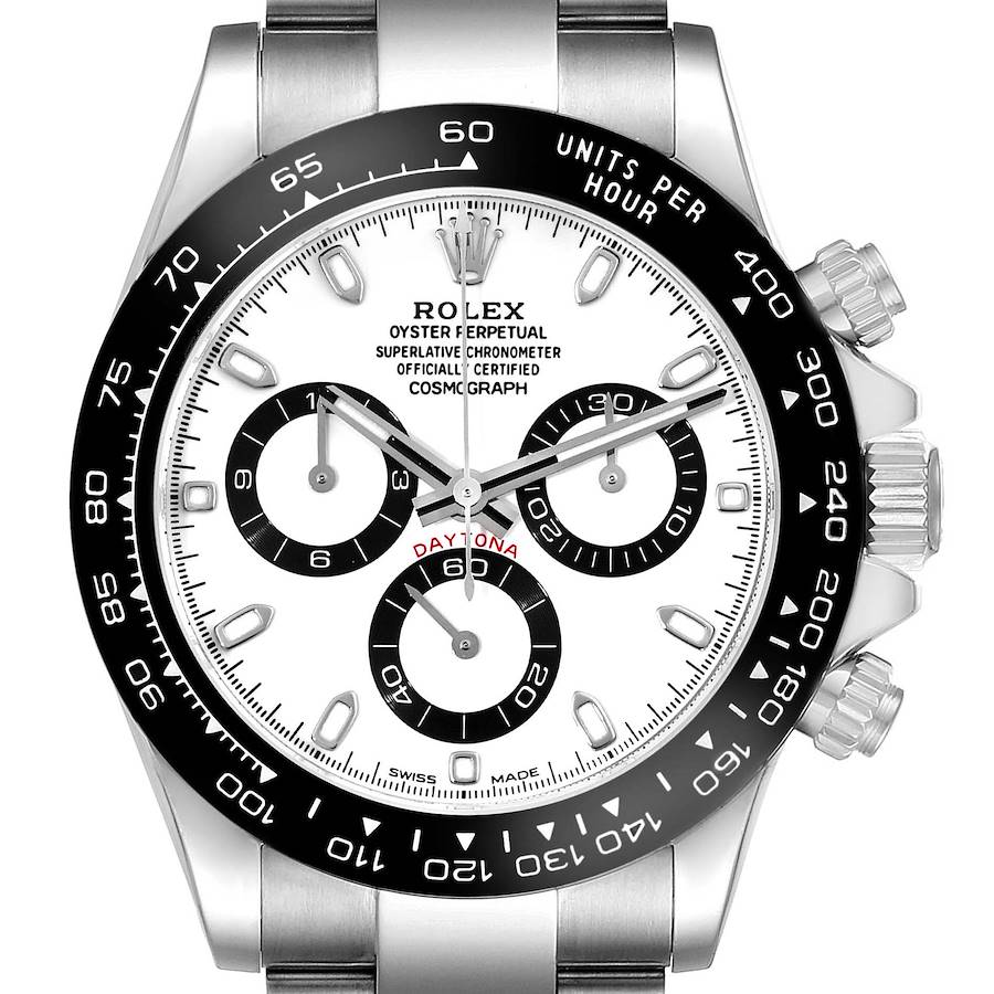 The image shows a frontal view of a Rolex Daytona watch featuring a white dial and a black bezel with three subdials.