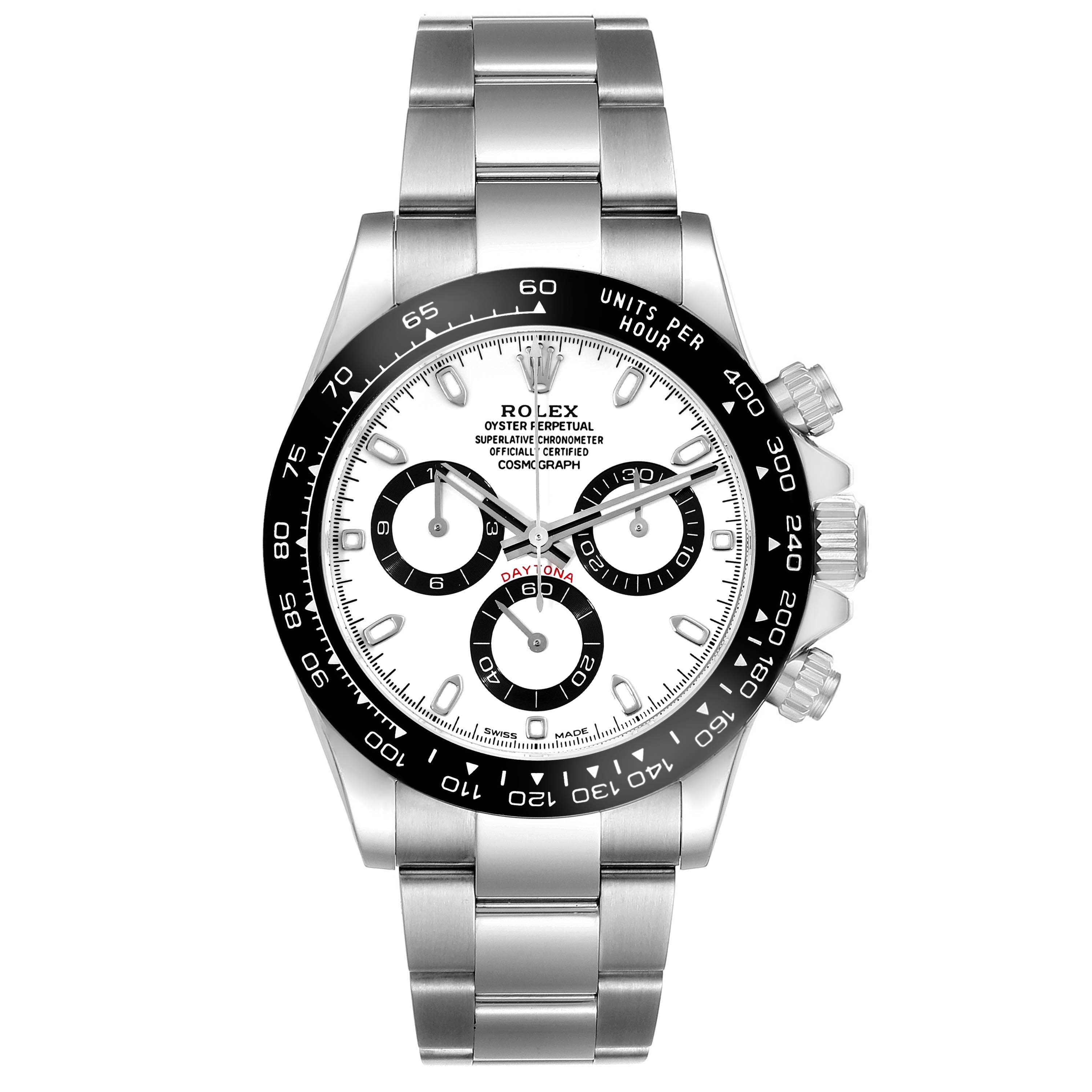 This image shows a front view of a Rolex Daytona 116500LN Men's Stainless Steel White Dial 116500LN Men's Stainless Steel White Dial watch, highlighting the dial, bezel, and bracelet.