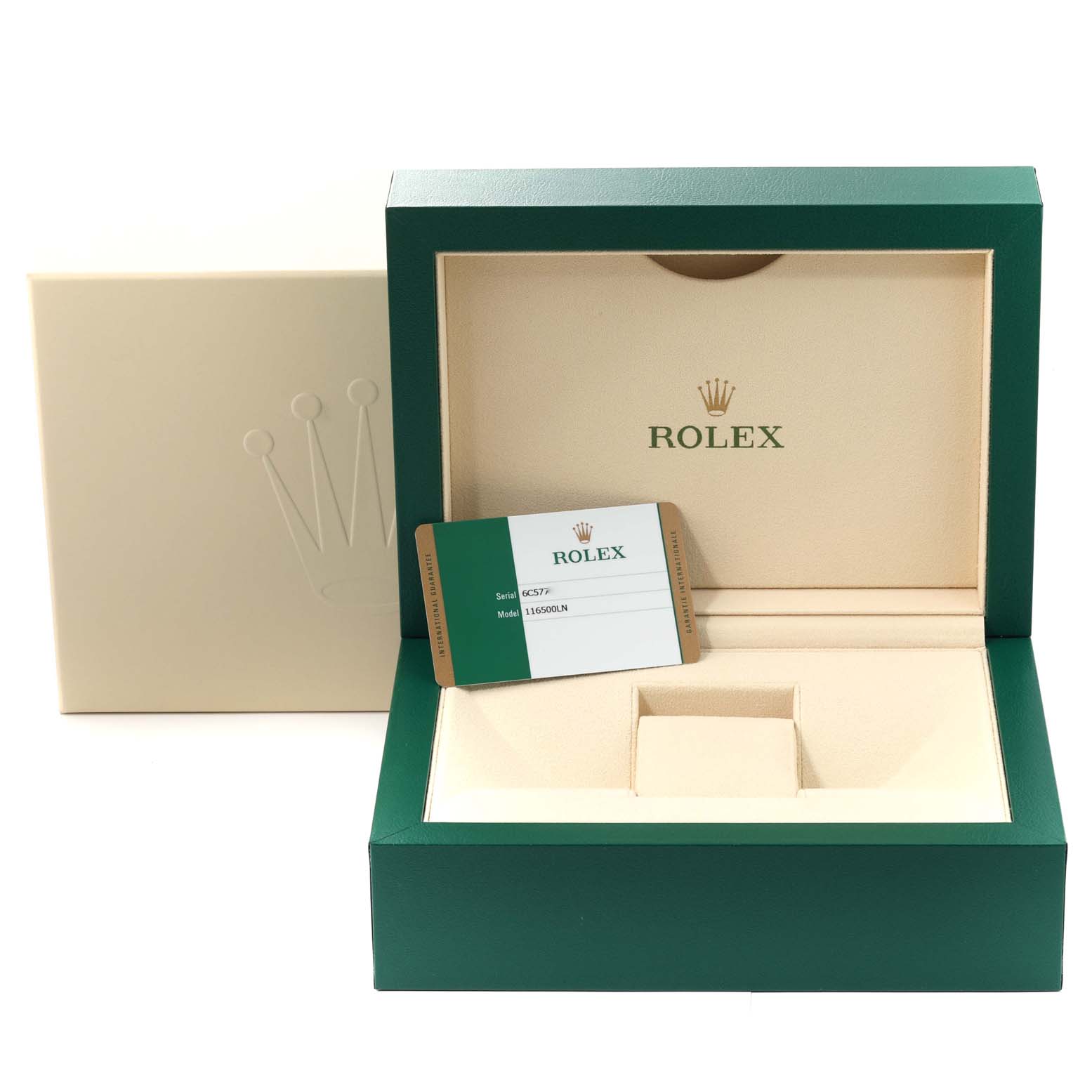 This image shows the open box and warranty card for a Rolex Daytona 116500LN Men's Stainless Steel White Dial 116500LN Men's Stainless Steel White Dial watch placed inside the box.
