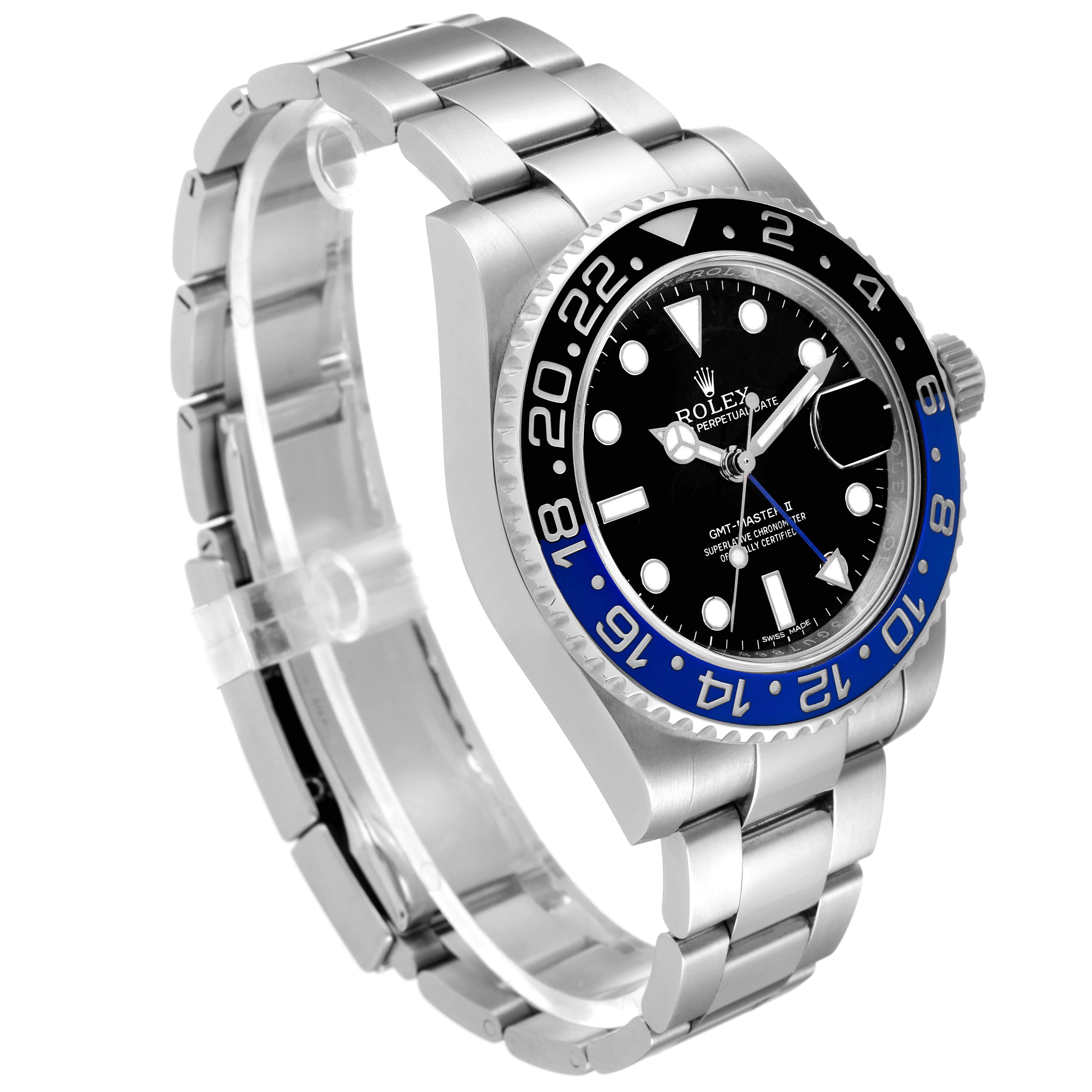 The image shows a side and front view of a Rolex GMT-Master 116710BLNR Men's Stainless Steel Black Dial 116710BLNR Men's Stainless Steel Black Dial watch, highlighting the bezel, dial, and bracelet.