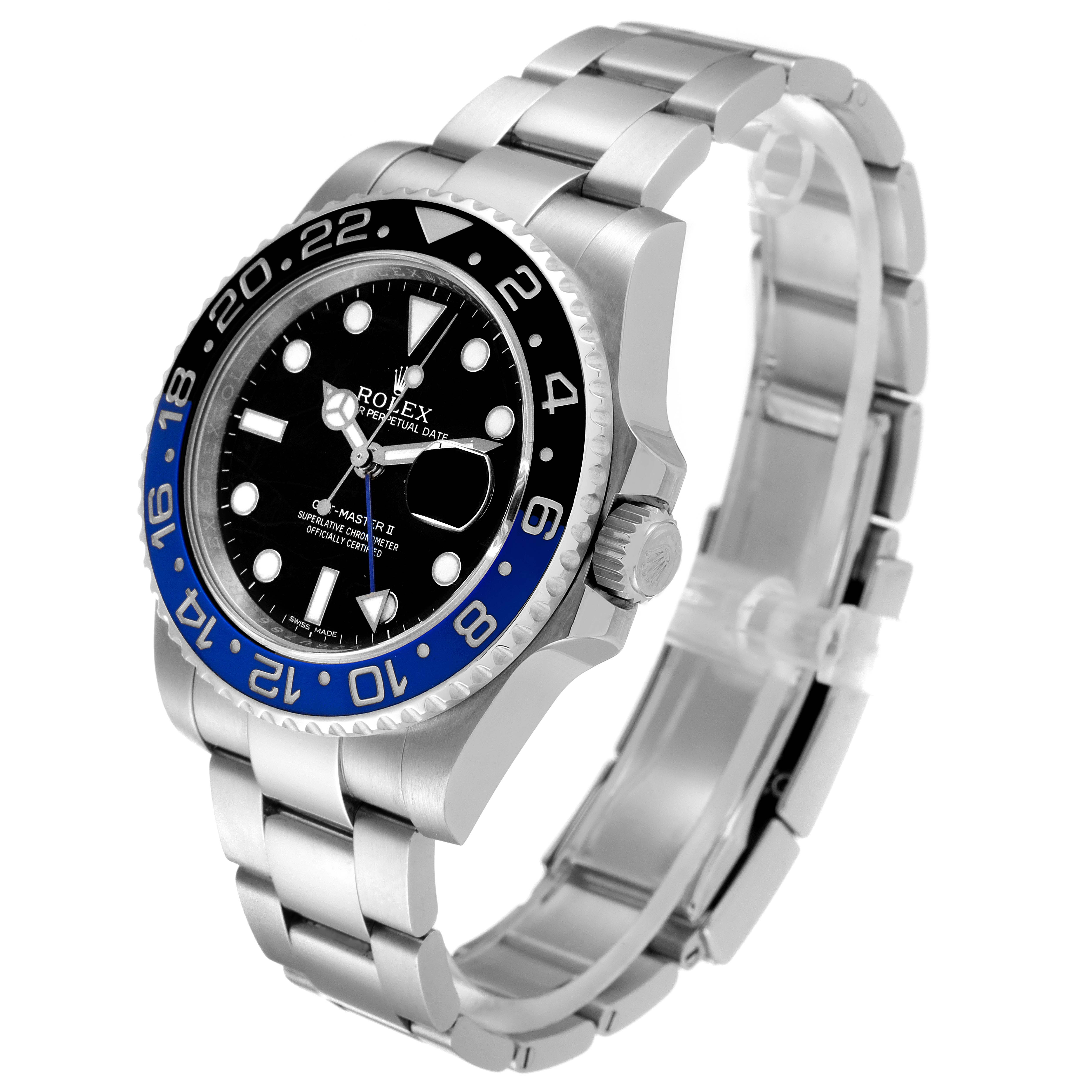 The Rolex GMT-Master 116710BLNR Men's Stainless Steel Black Dial 116710BLNR Men's Stainless Steel Black Dial watch is shown at a three-quarter angle, displaying the face, bezel, and bracelet.