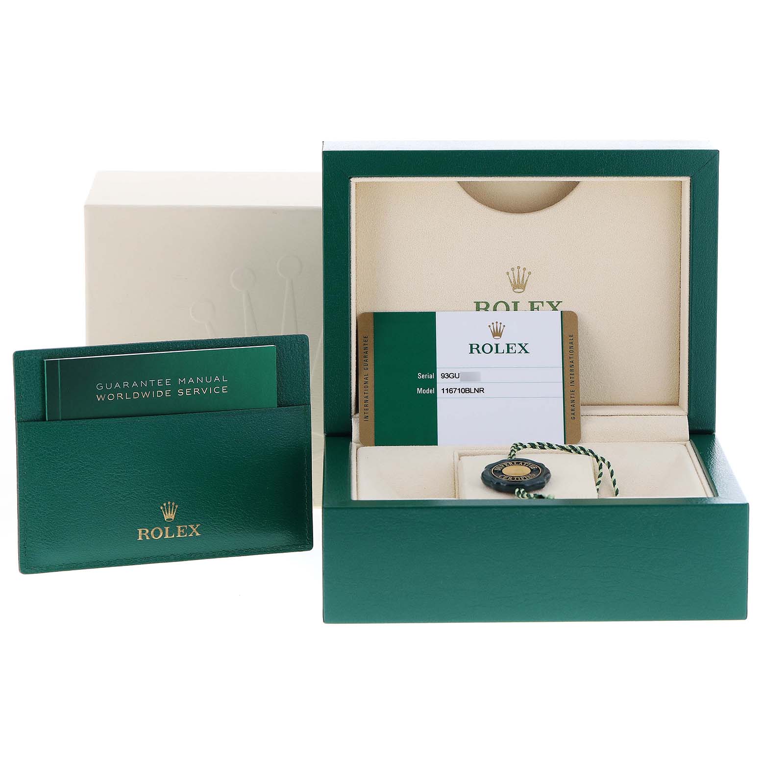 The image shows the packaging, guarantee manual, and authenticity card for a Rolex GMT-Master 116710BLNR Men's Stainless Steel Black Dial 116710BLNR Men's Stainless Steel Black Dial watch.