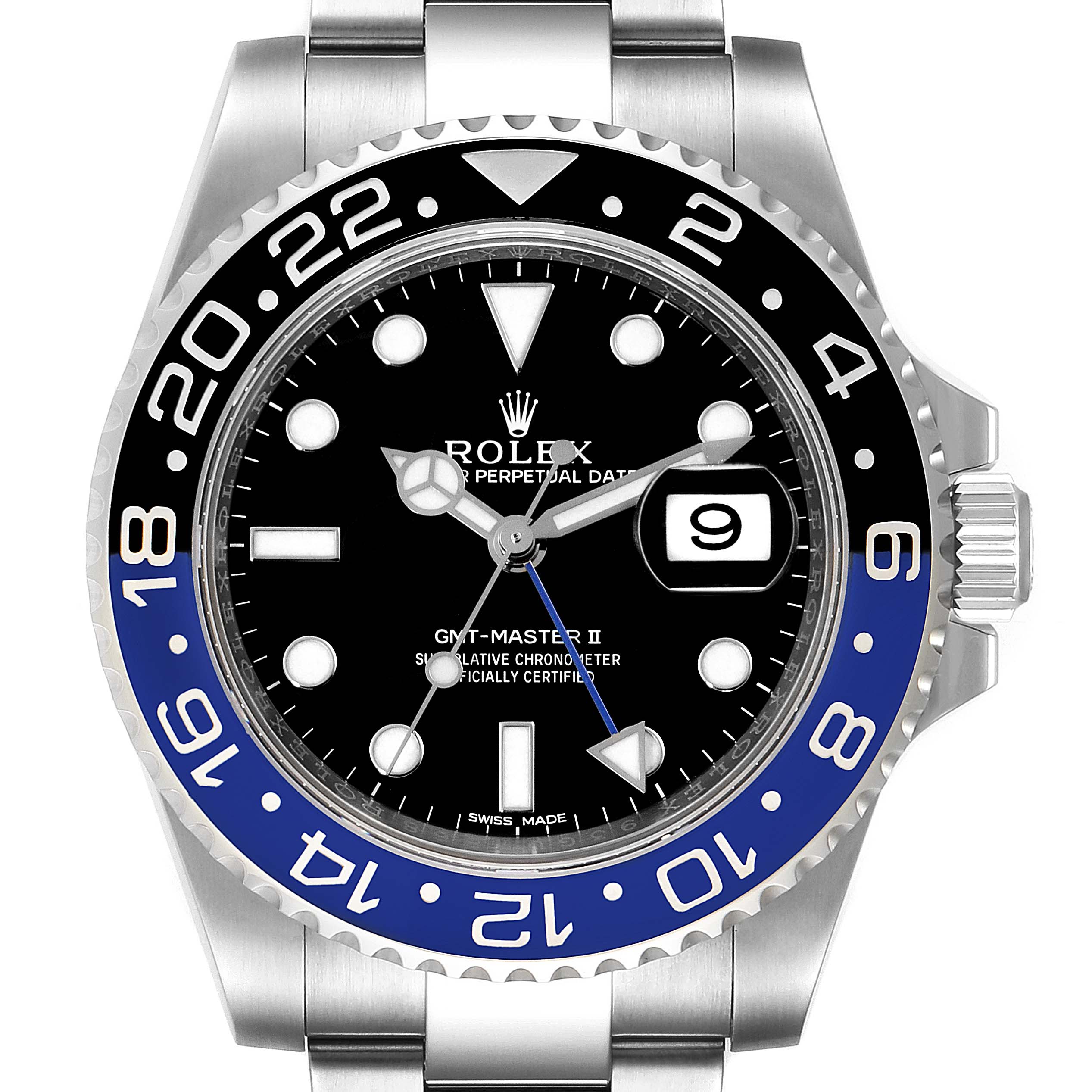 The image shows a front view of the Rolex GMT-Master 116710BLNR Men's Stainless Steel Black Dial 116710BLNR Men's Stainless Steel Black Dial II, highlighting the bezel, crown, and dial.