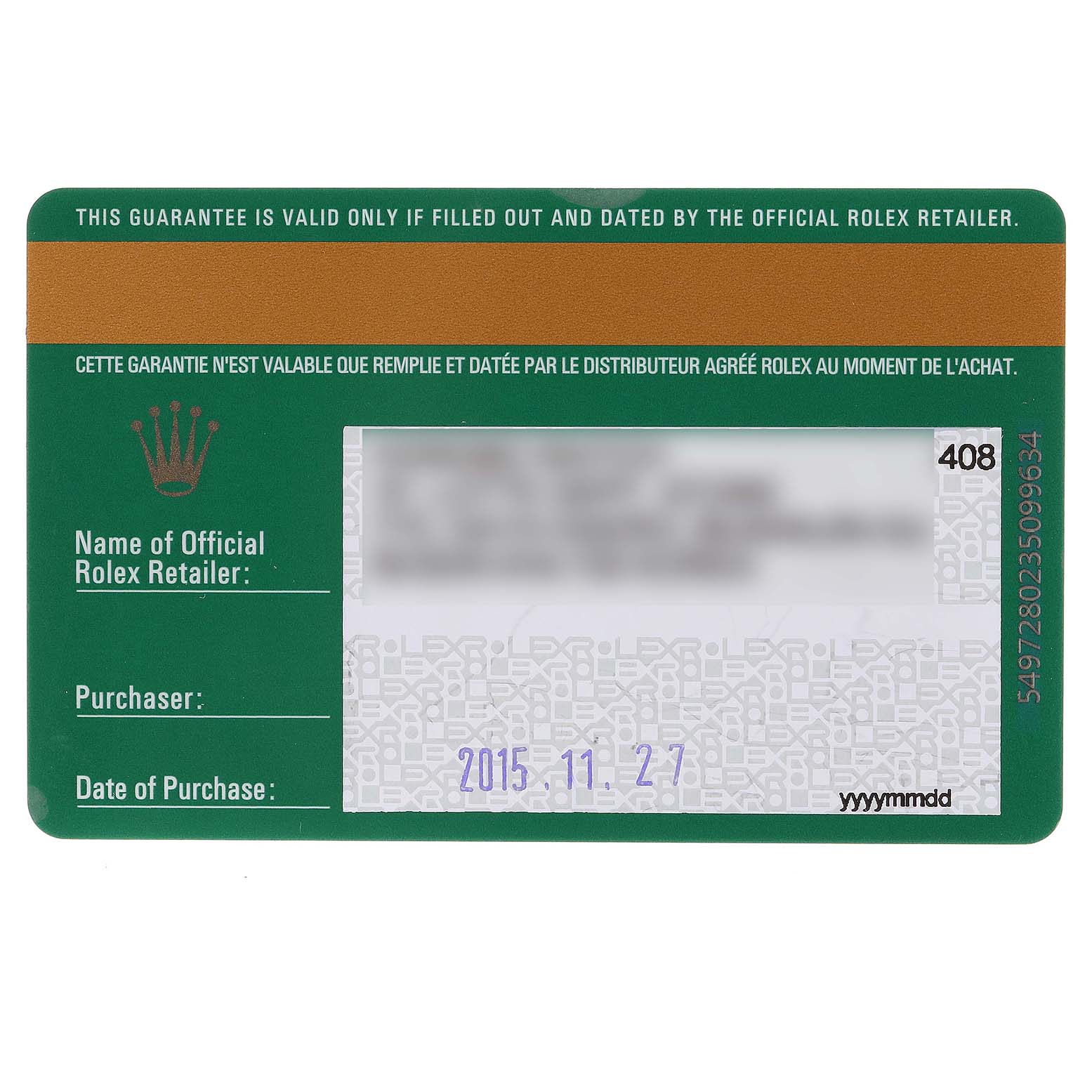 This image shows a Rolex guarantee card for a GMT-Master model, showcasing warranty details and purchase information.