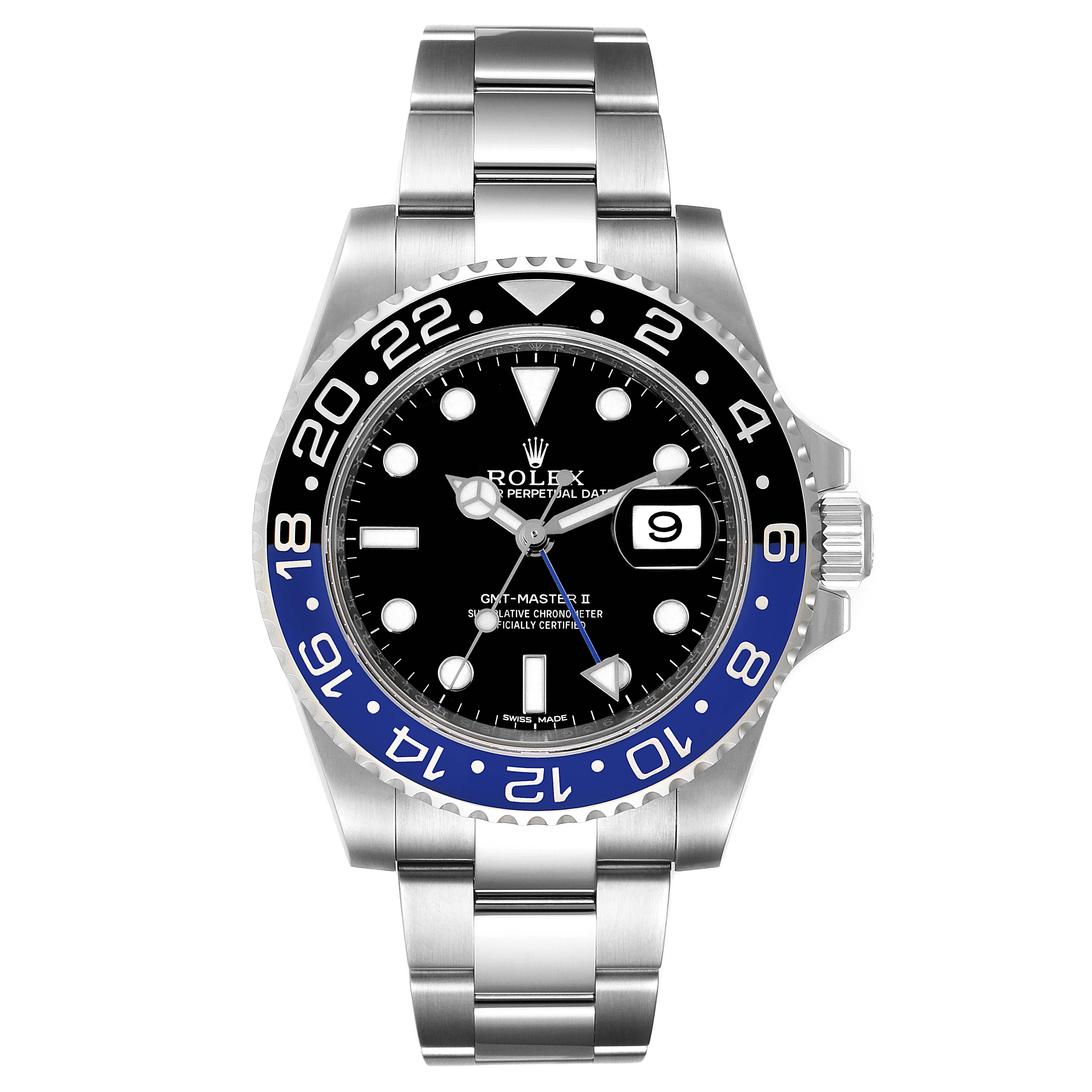 The image shows a Rolex GMT-Master 116710BLNR Men's Stainless Steel Black Dial 116710BLNR Men's Stainless Steel Black Dial II watch from a front angle, highlighting the face, bezel, and bracelet.