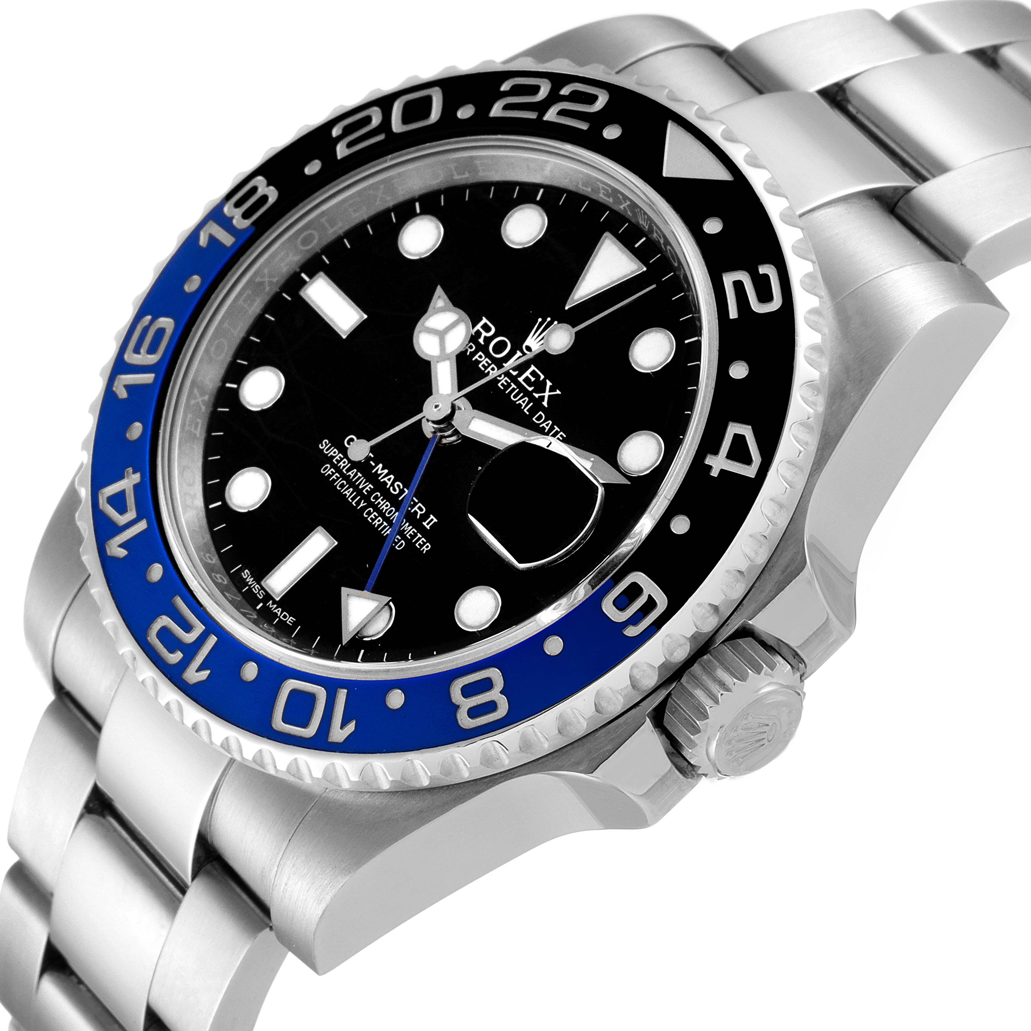 The image shows a close-up angled view of the Rolex GMT-Master 116710BLNR Men's Stainless Steel Black Dial 116710BLNR Men's Stainless Steel Black Dial II watch, featuring the bezel, crown, and part of the bracelet.