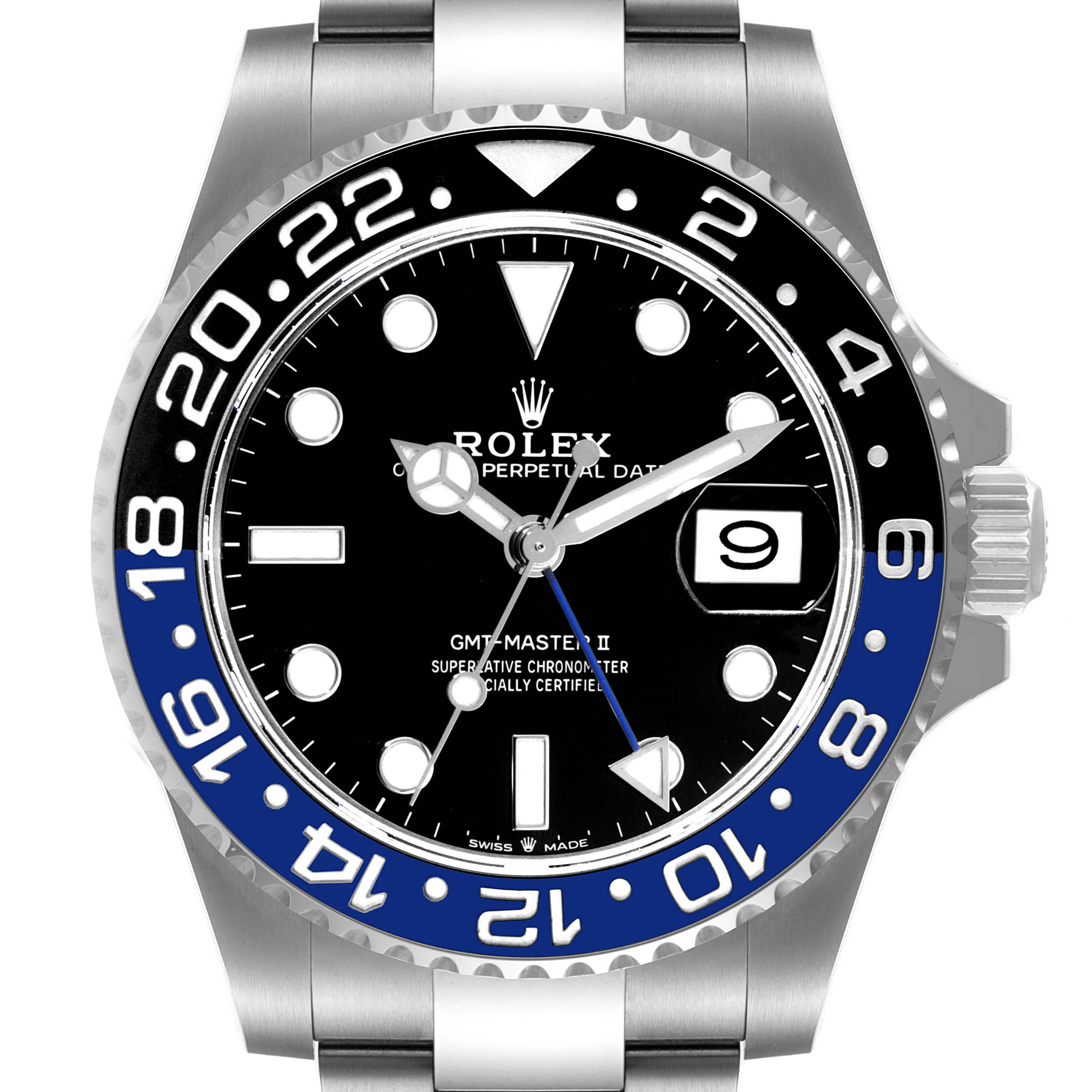 The image shows a front view of the Rolex GMT-Master 126710BLNR Men
s Stainless Steel Black Dial 126710BLNR Men
s Stainless Steel Black Dial II watch featuring a black dial and a black-blue bezel.