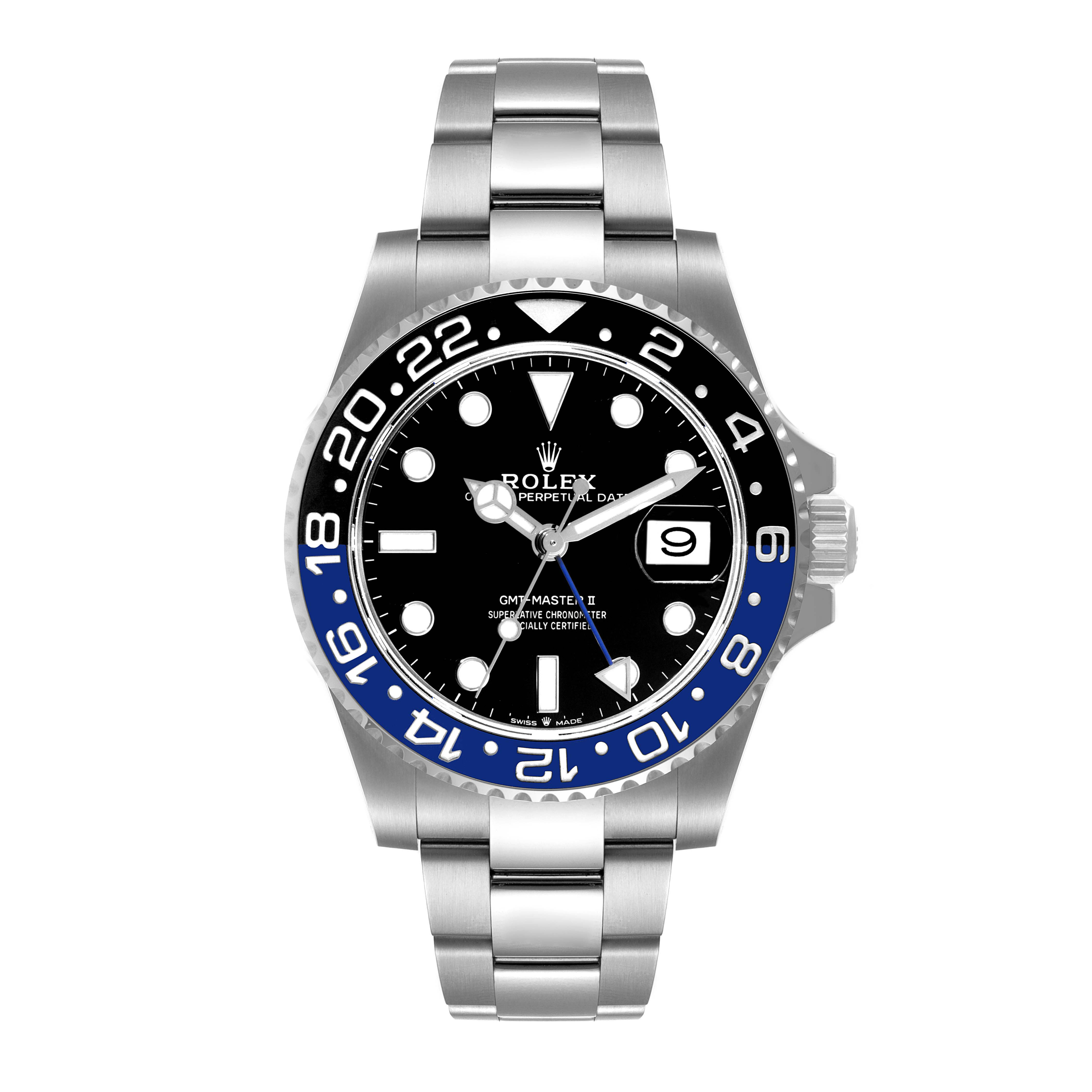 The image shows a front view of the Rolex GMT-Master 126710BLNR Men
s Stainless Steel Black Dial 126710BLNR Men
s Stainless Steel Black Dial II watch, displaying the dial, bezel, and bracelet.