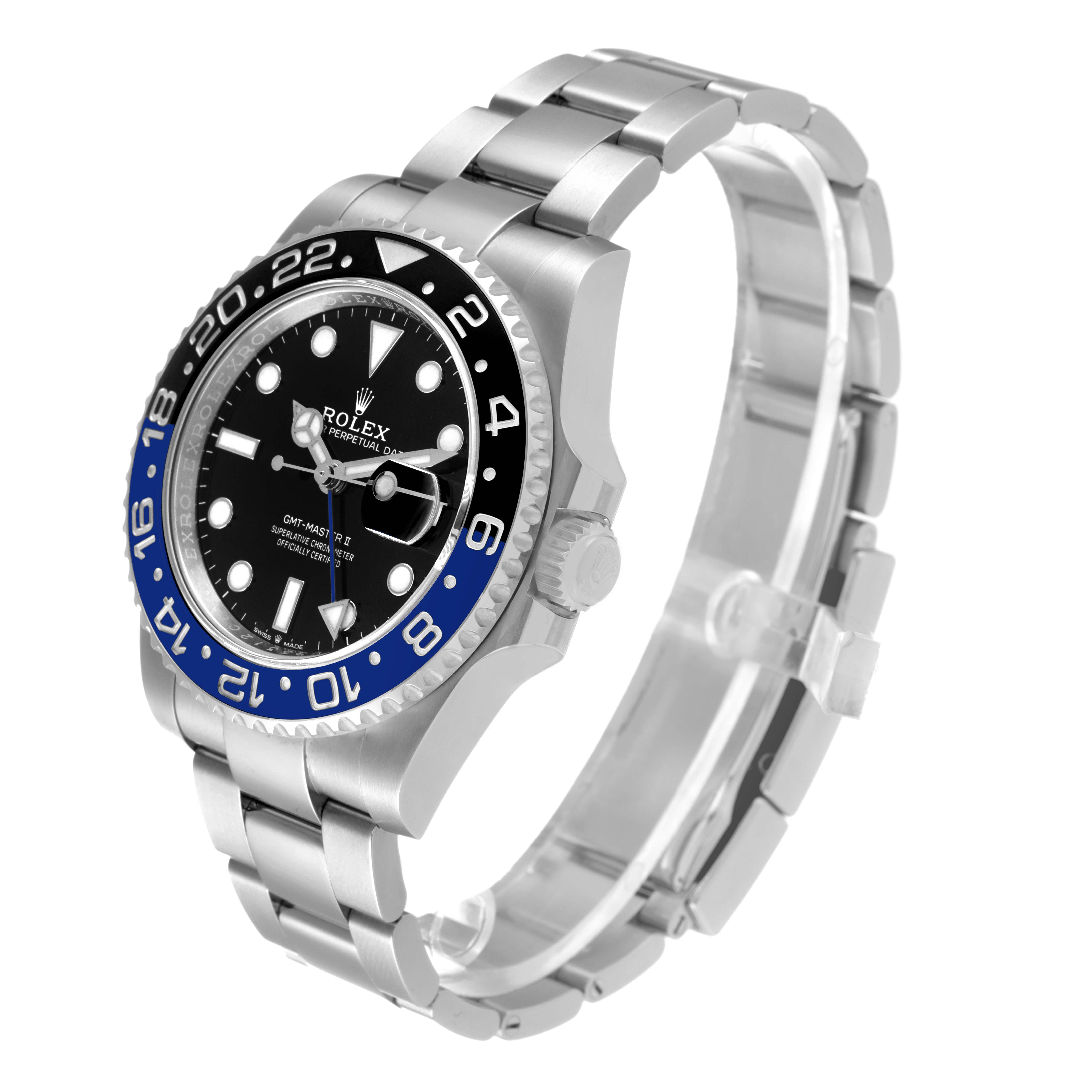 The image shows a side and slightly top-angled view of a Rolex GMT-Master 126710BLNR Men
s Stainless Steel Black Dial 126710BLNR Men
s Stainless Steel Black Dial watch, highlighting its bezel, black dial, and metallic bracelet.
