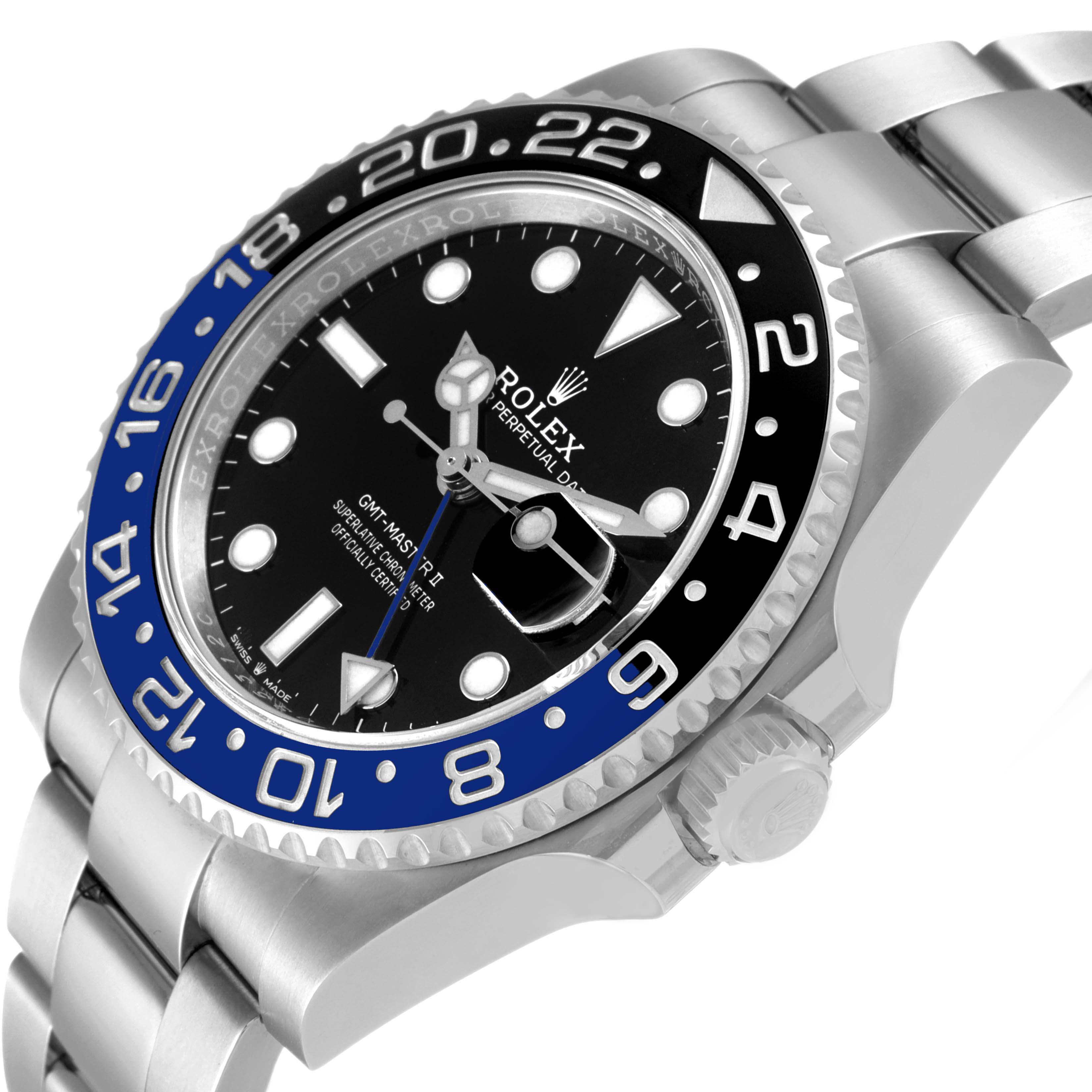 This image shows a close-up, angled view of a Rolex GMT-Master 126710BLNR Men
s Stainless Steel Black Dial 126710BLNR Men
s Stainless Steel Black Dial II, highlighting the bezel, dial, crown, and part of the bracelet.