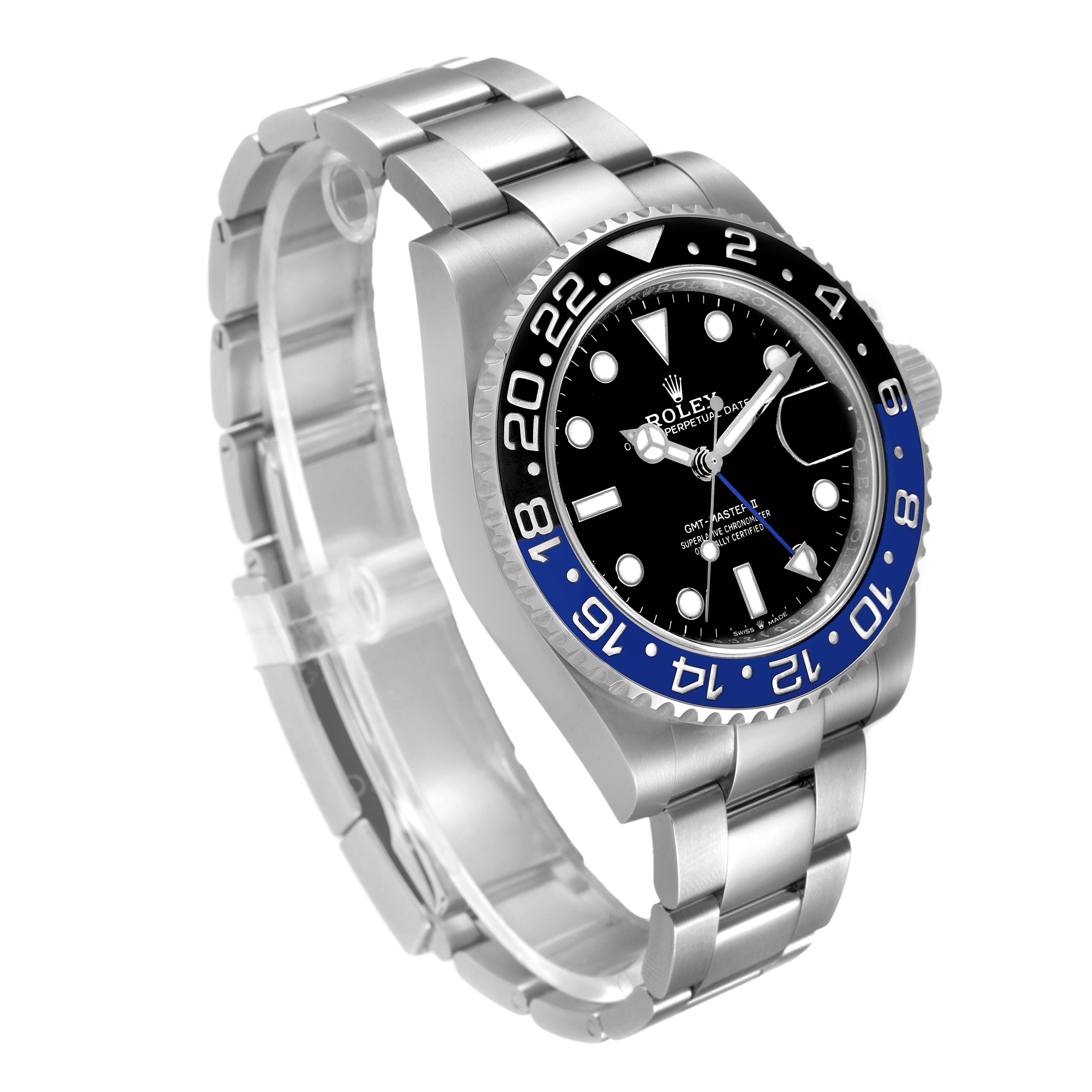 The image shows a Rolex GMT-Master 126710BLNR Men
s Stainless Steel Black Dial 126710BLNR Men
s Stainless Steel Black Dial watch at an angled side view, highlighting the face, bezel, and part of the bracelet.
