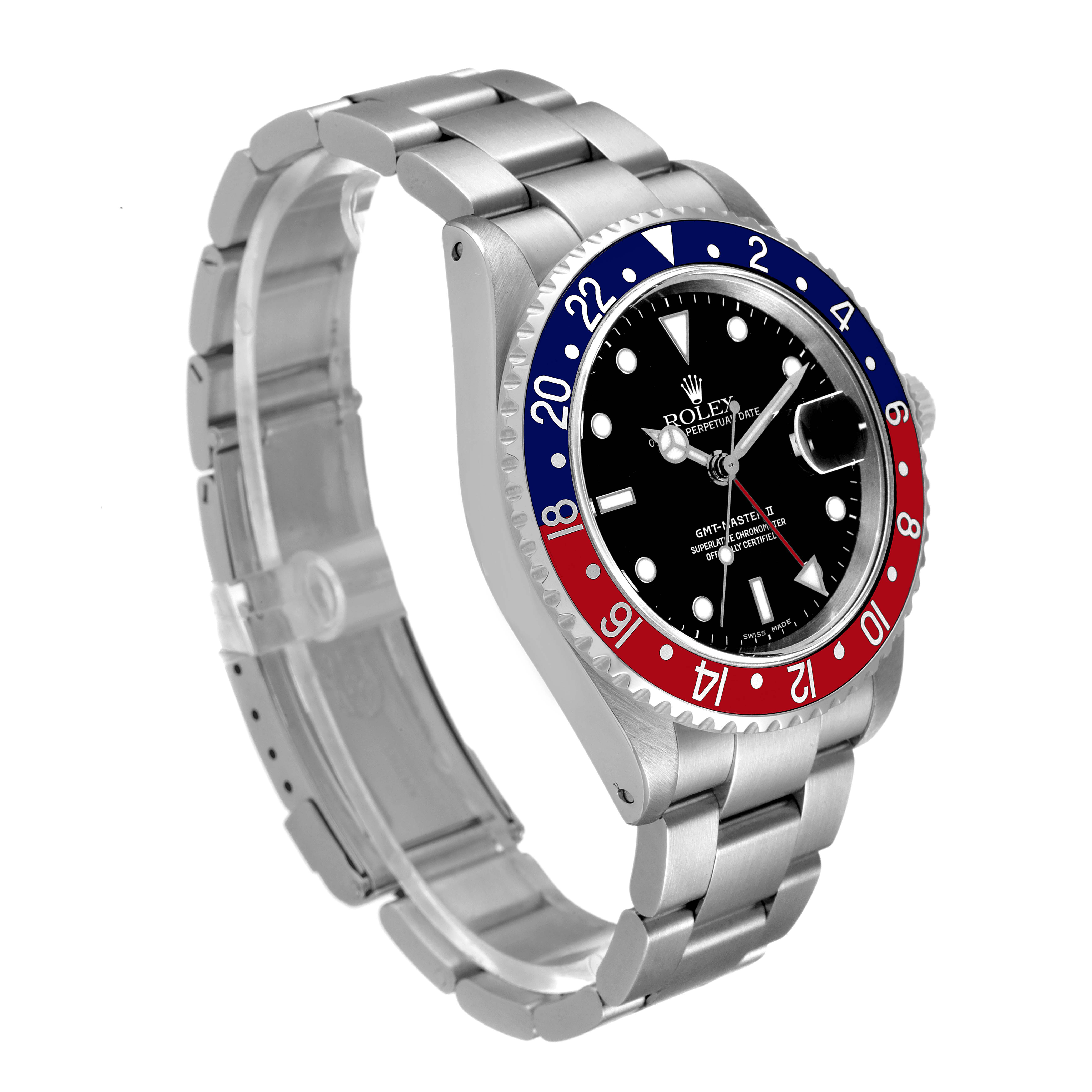 The image shows a side-angle view of a Rolex GMT-Master 16710 Men
s Stainless Steel Black Dial 16710 Men
s Stainless Steel Black Dial II watch, displaying its bezel, dial, bracelet, and crown.