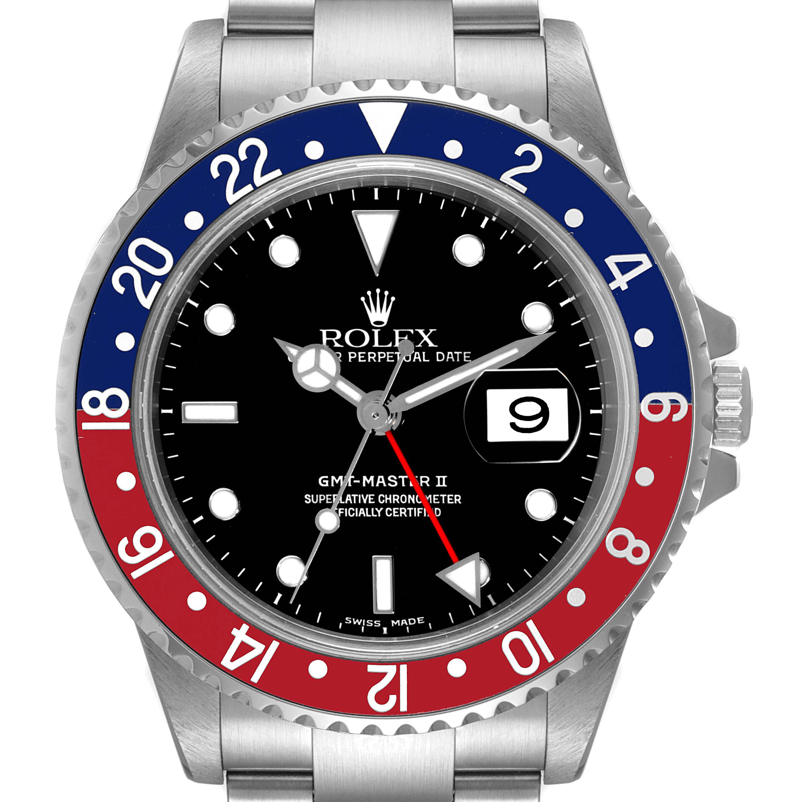 The image shows a front view of the Rolex GMT-Master 16710 Men
s Stainless Steel Black Dial 16710 Men
s Stainless Steel Black Dial II watch, highlighting its bezel, dial, hands, and date display.