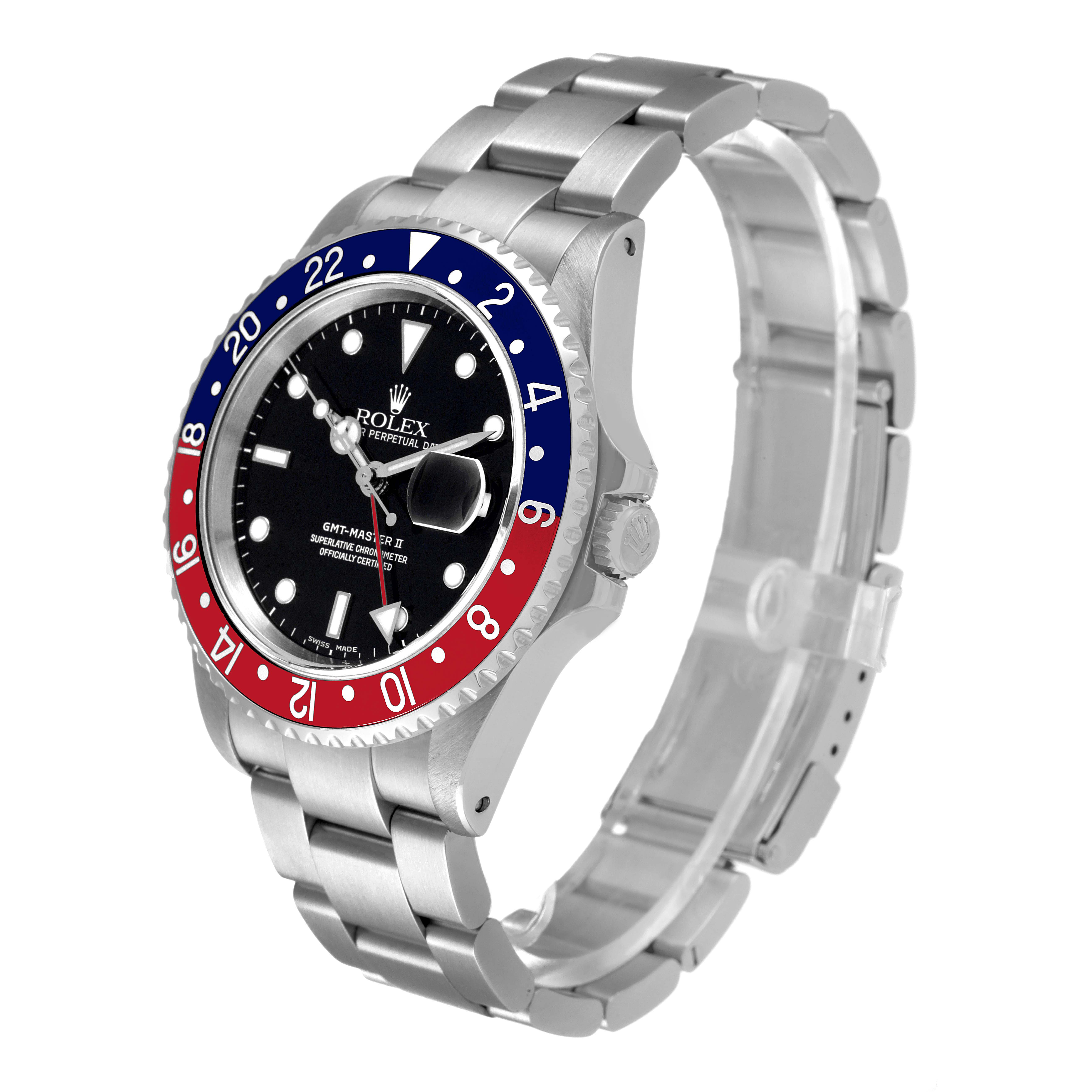 The Rolex GMT-Master 16710 Men
s Stainless Steel Black Dial 16710 Men
s Stainless Steel Black Dial watch is shown at a slight angle, displaying its face, bezel, crown, and bracelet.