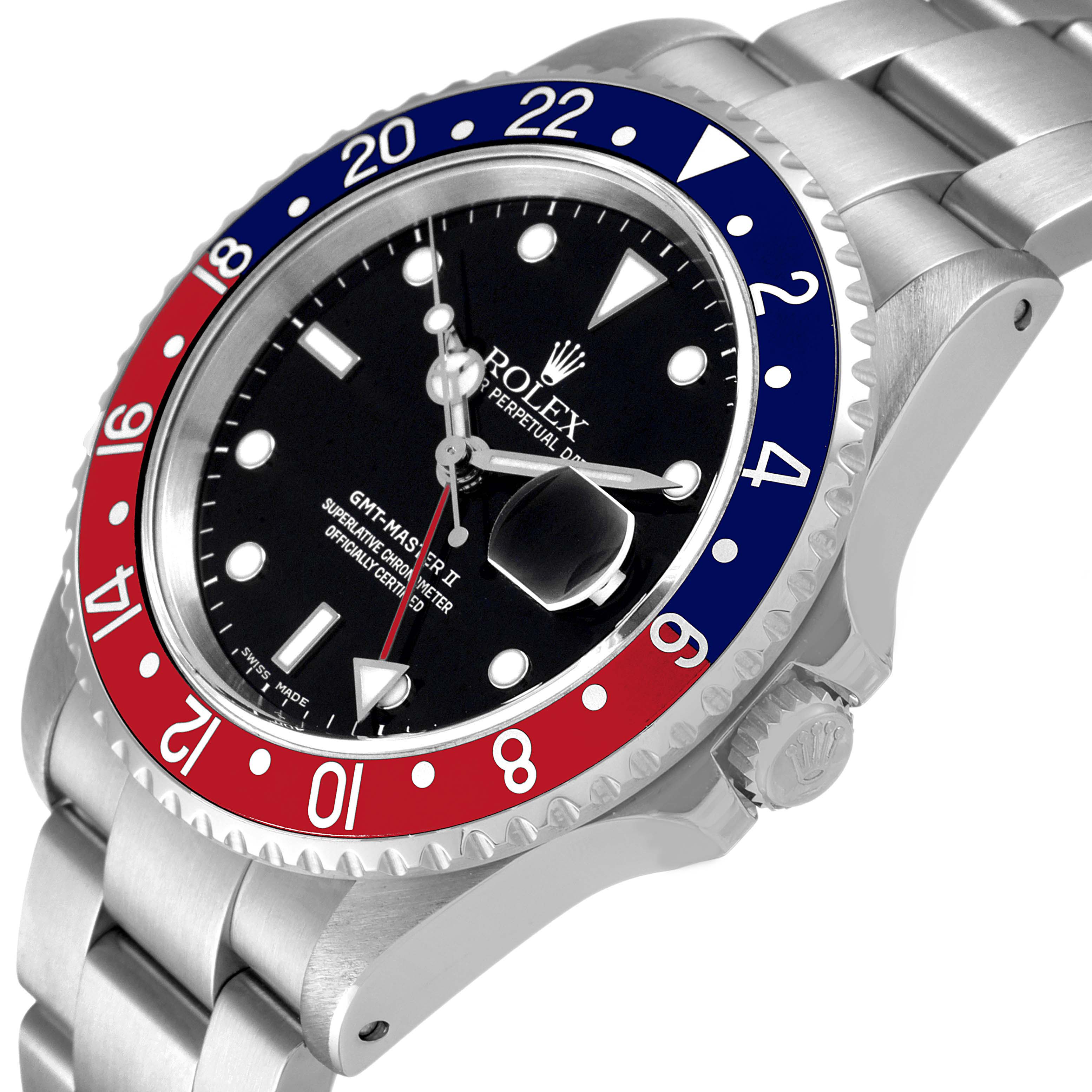 This image shows a Rolex GMT-Master 16710 Men
s Stainless Steel Black Dial 16710 Men
s Stainless Steel Black Dial II watch at an angled view, highlighting the dial, bezel, case, and part of the bracelet.