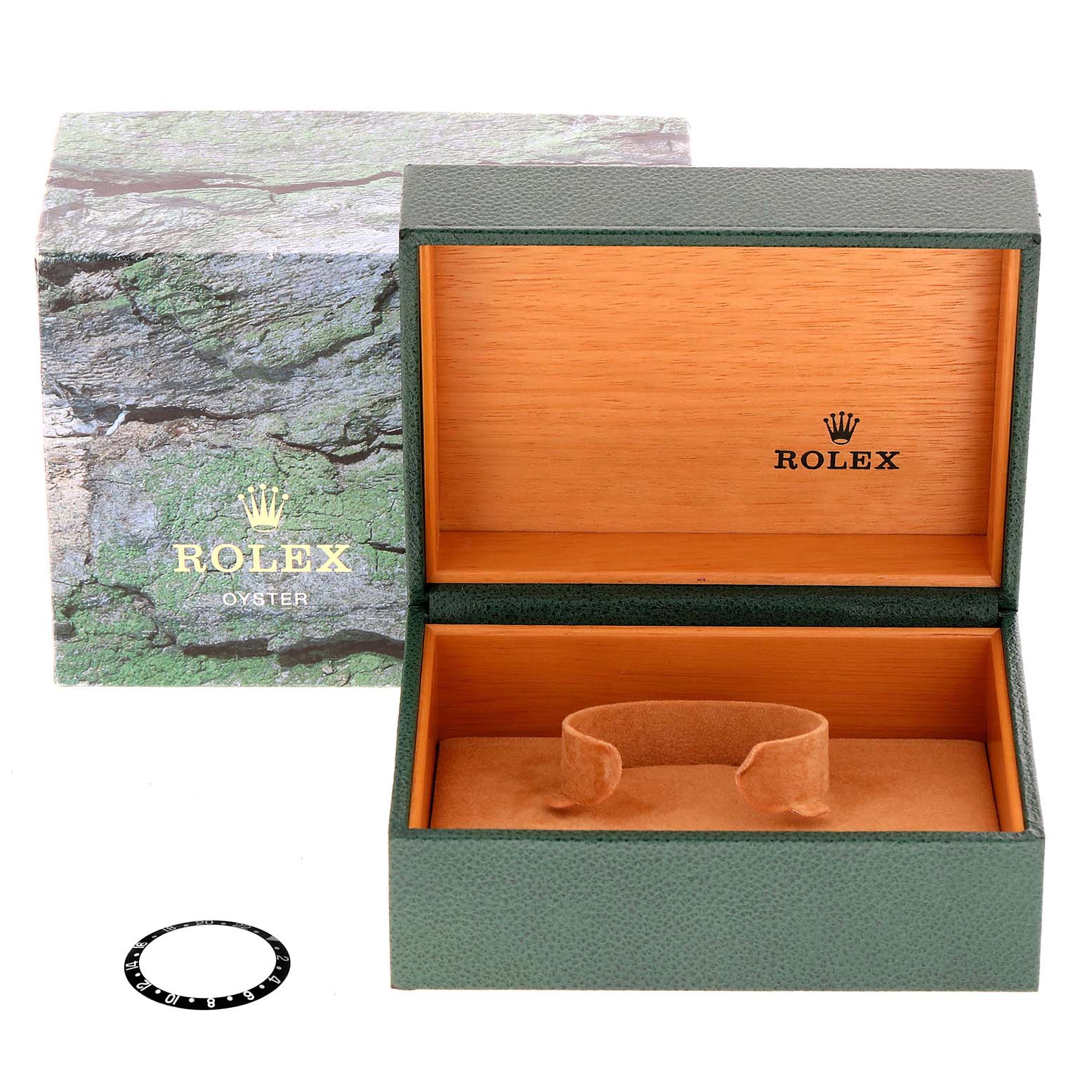 This image shows the opened box and packaging for a Rolex GMT-Master 16710 Men
s Stainless Steel Black Dial 16710 Men
s Stainless Steel Black Dial watch, along with the watch bezel accessory.