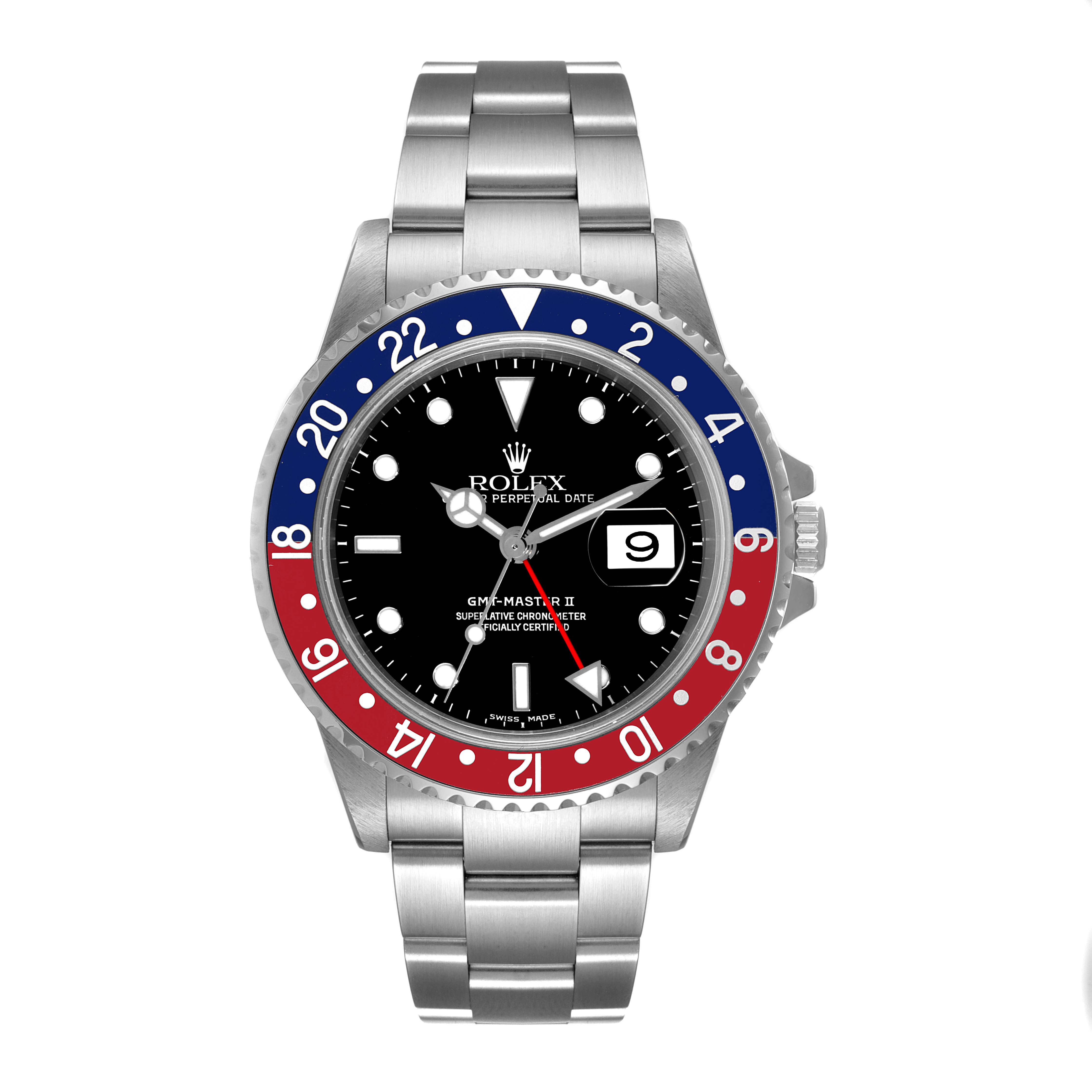 The Rolex GMT-Master 16710 Men
s Stainless Steel Black Dial 16710 Men
s Stainless Steel Black Dial watch is shown from a front angle, displaying the dial, bezel, and stainless steel bracelet.