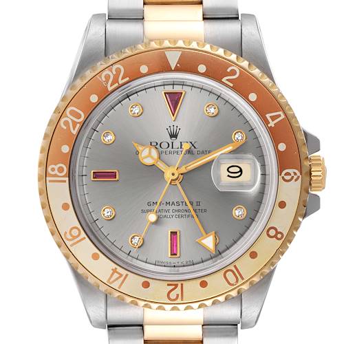 Photo of Rolex GMT Master II Steel Yellow Gold Rootbeer Serti Dial Mens Watch 16713