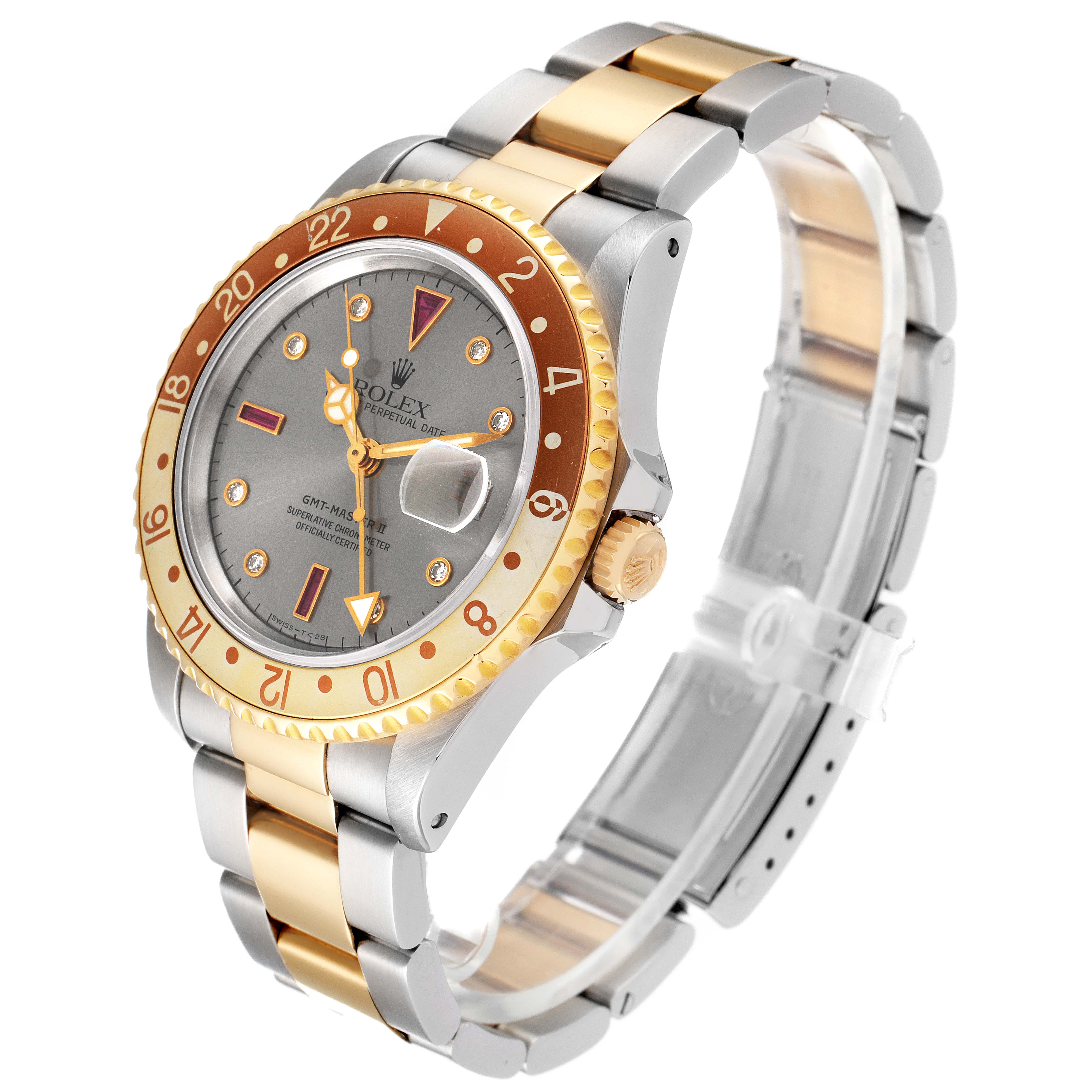 The image shows a Rolex GMT-Master 16713 Men's Steel and Gold (two tone) Grey Dial 16713 Men's Steel and Gold (two tone) Grey Dial watch from a slightly angled, side view highlighting its bezel, face, and bracelet.
