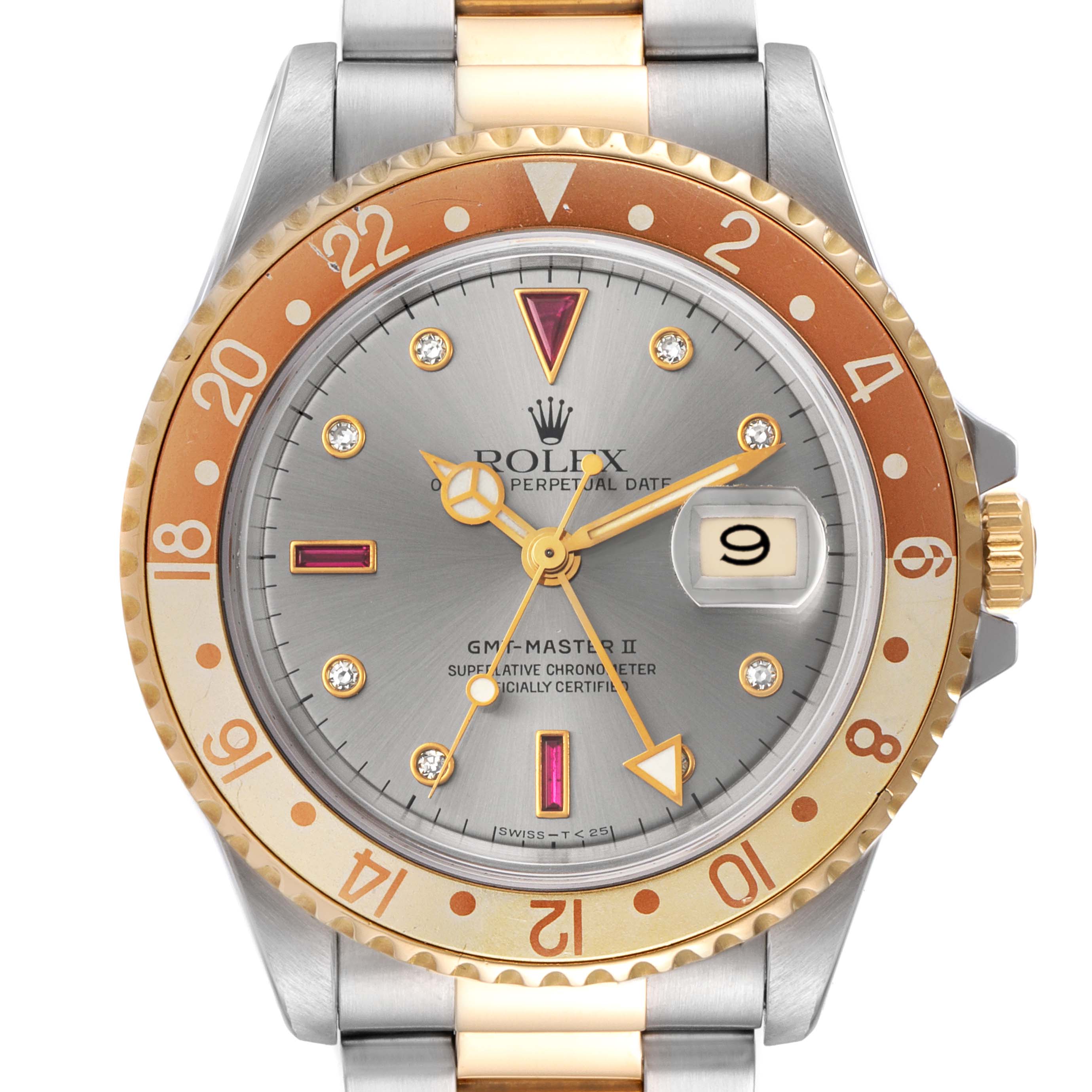 The image shows a front view of a Rolex GMT-Master 16713 Men's Steel and Gold (two tone) Grey Dial 16713 Men's Steel and Gold (two tone) Grey Dial II watch, highlighting its dial, bezel, crown, and portion of the bracelet.