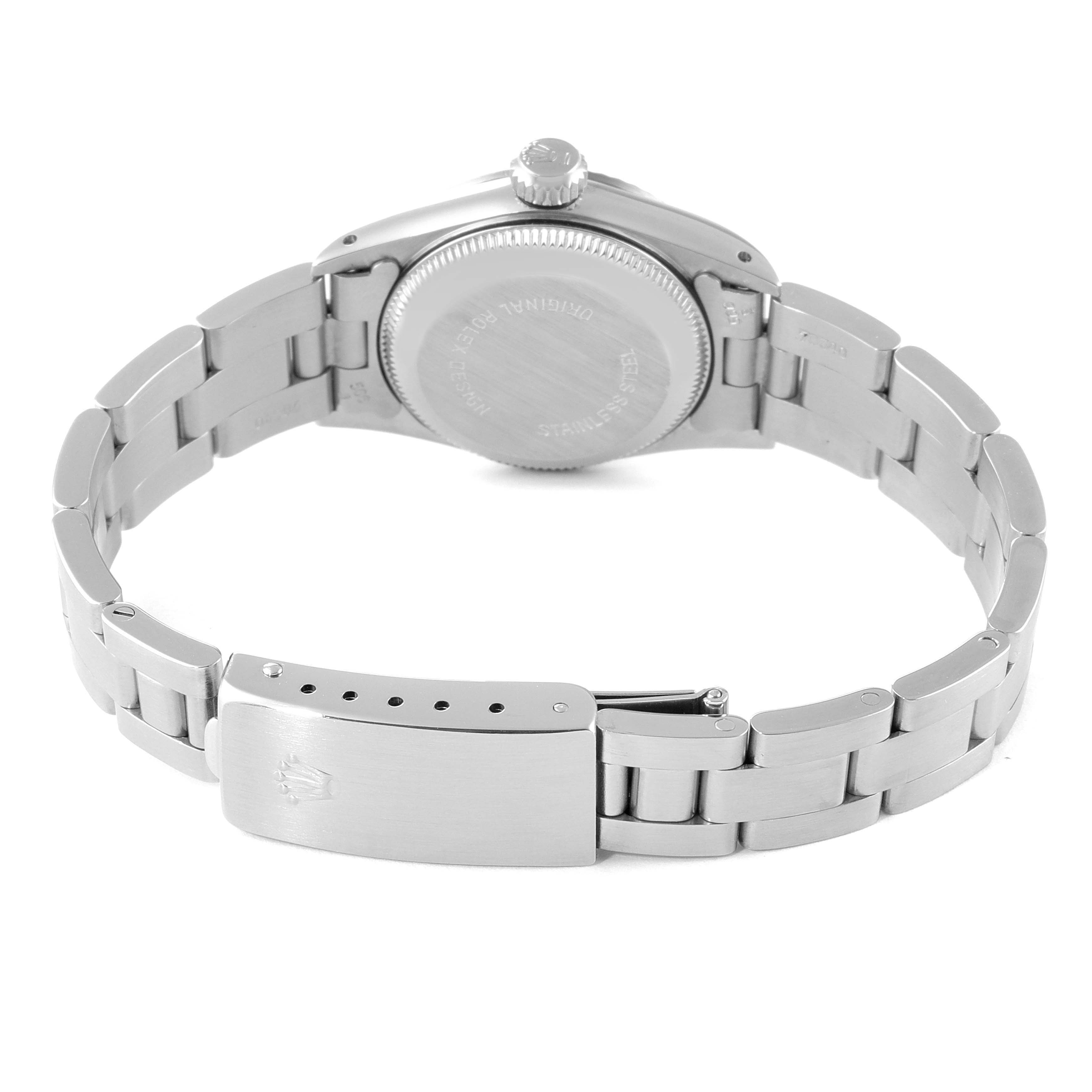 The image shows the back case and bracelet clasp of a Rolex Oyster Perpetual 67194 Women's Stainless Steel Silver Dial 67194 Women's Stainless Steel Silver Dial watch from a rear angle.
