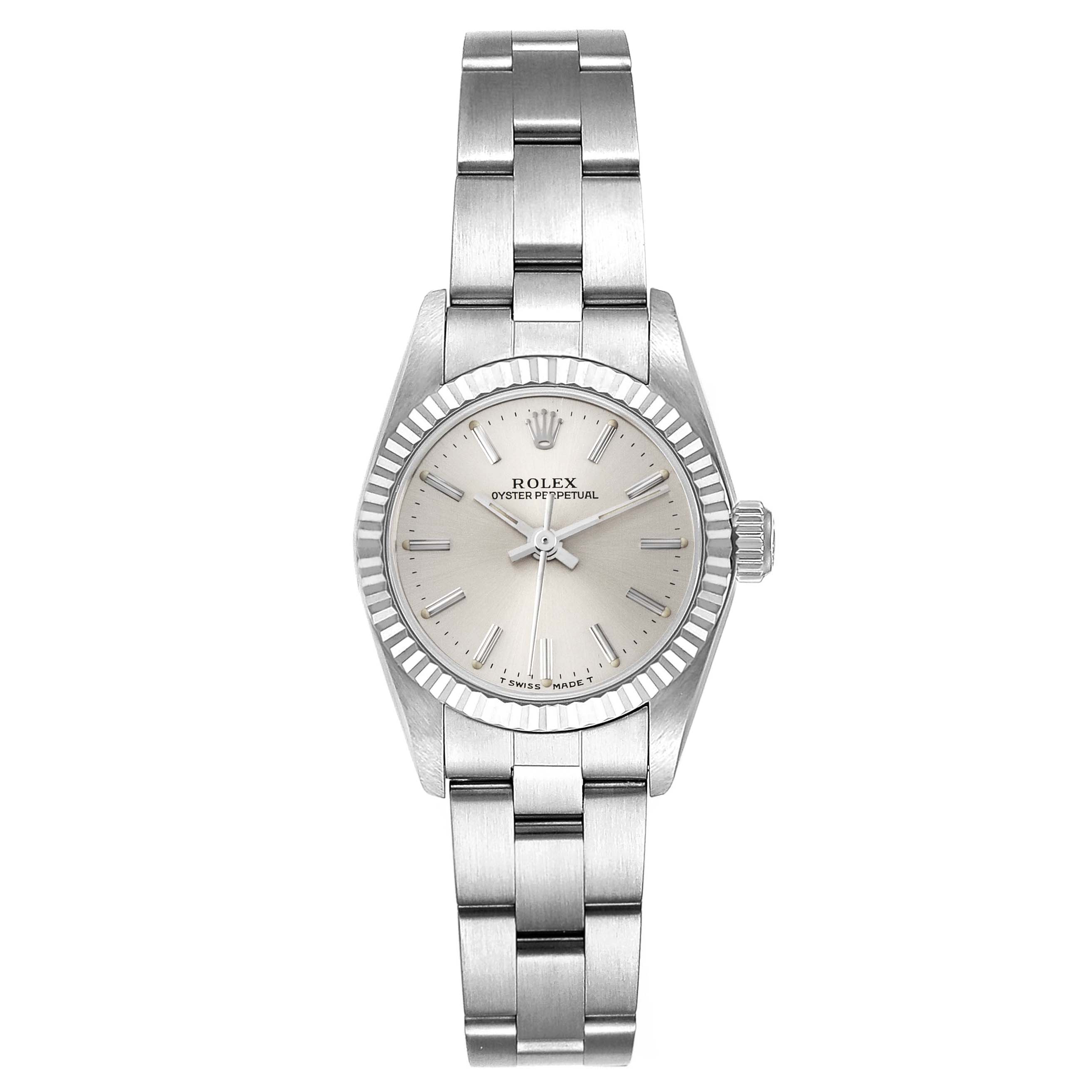 This image shows a front view of a Rolex Oyster Perpetual 67194 Women's Stainless Steel Silver Dial 67194 Women's Stainless Steel Silver Dial watch, displaying its dial, bezel, case, and bracelet.