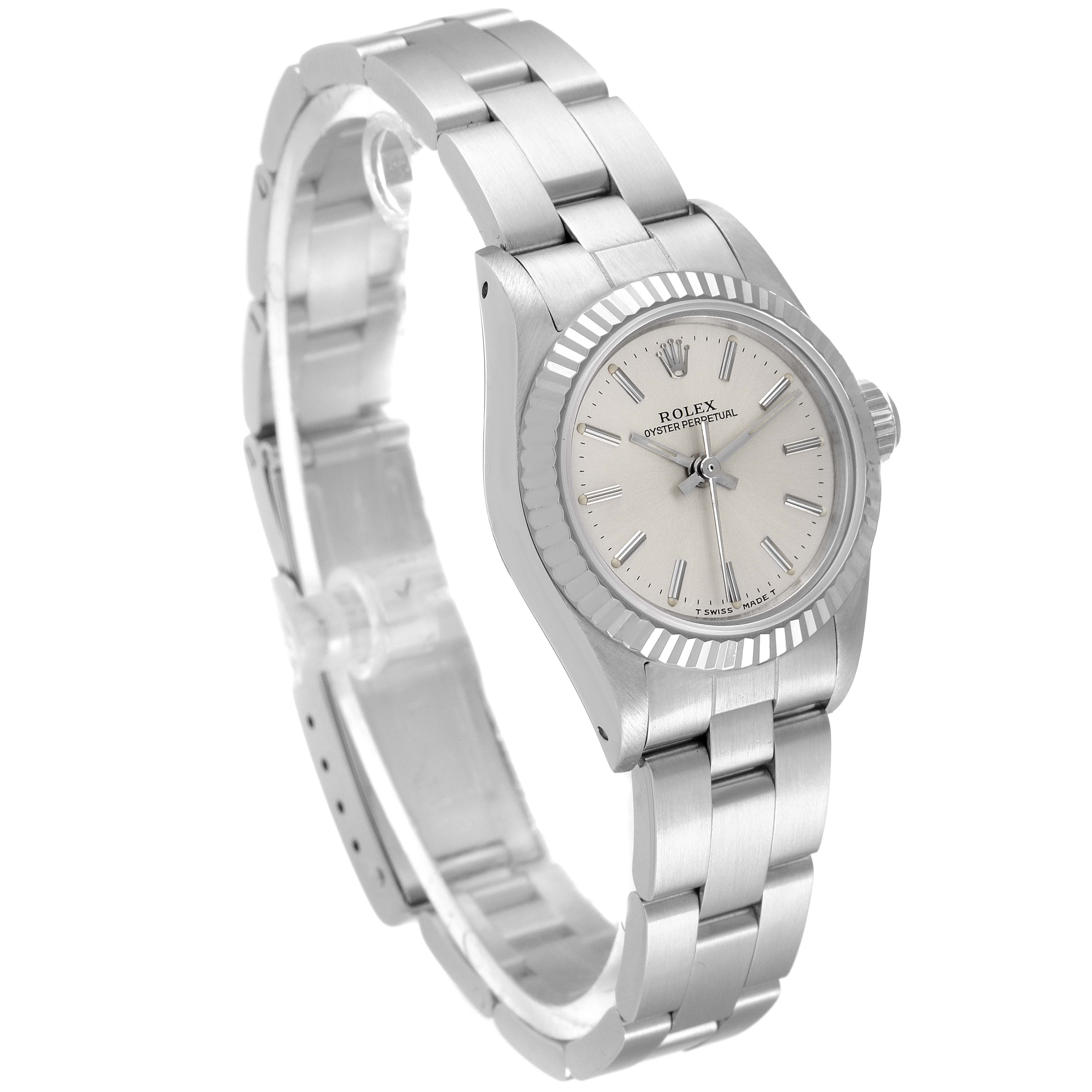 The image shows a Rolex Oyster Perpetual 67194 Women's Stainless Steel Silver Dial 67194 Women's Stainless Steel Silver Dial watch at an angled view, highlighting the dial, bezel, crown, and bracelet.