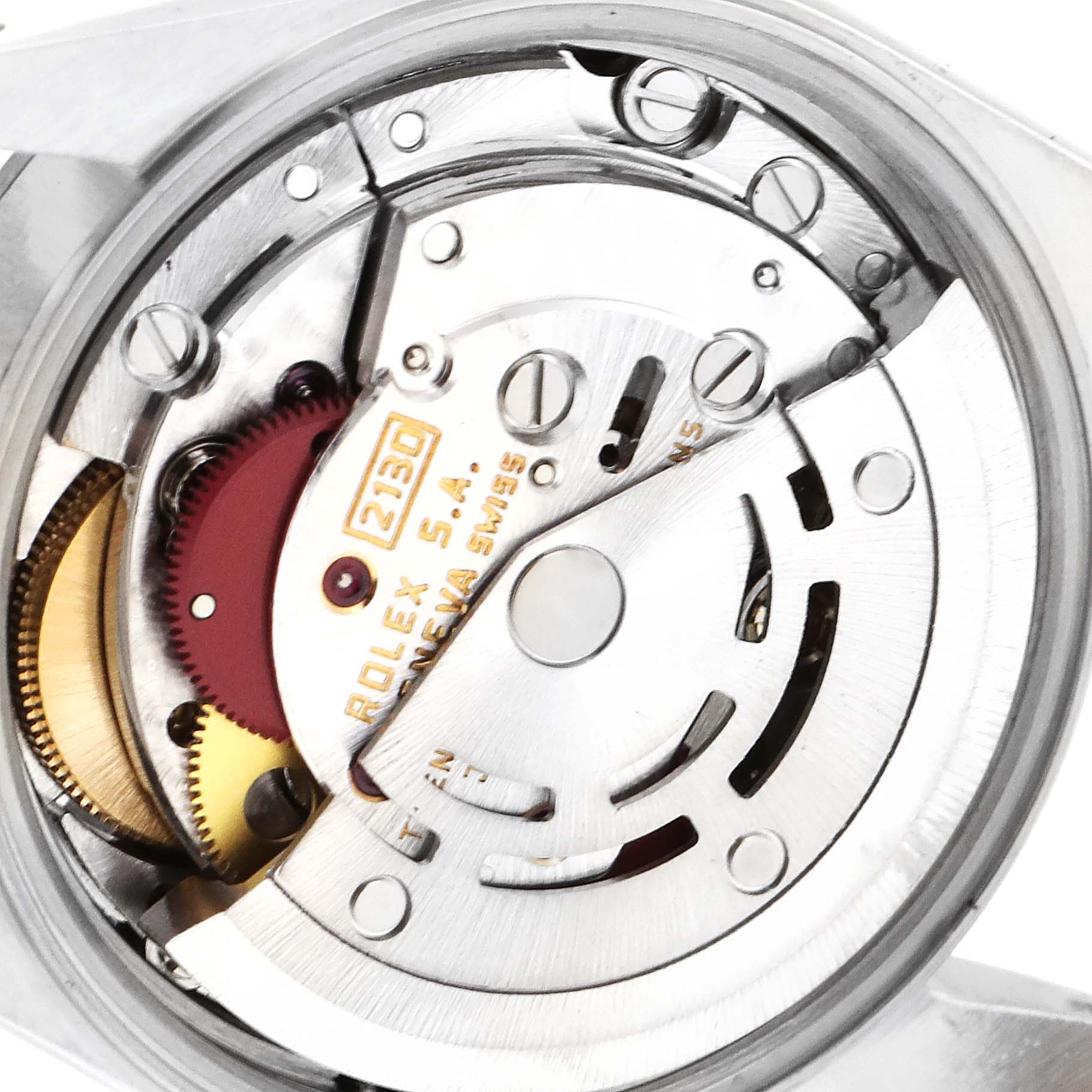 This image shows the internal mechanism and automatic movement component of a Rolex Oyster Perpetual 67194 Women's Stainless Steel Silver Dial 67194 Women's Stainless Steel Silver Dial watch from a close-up angle.