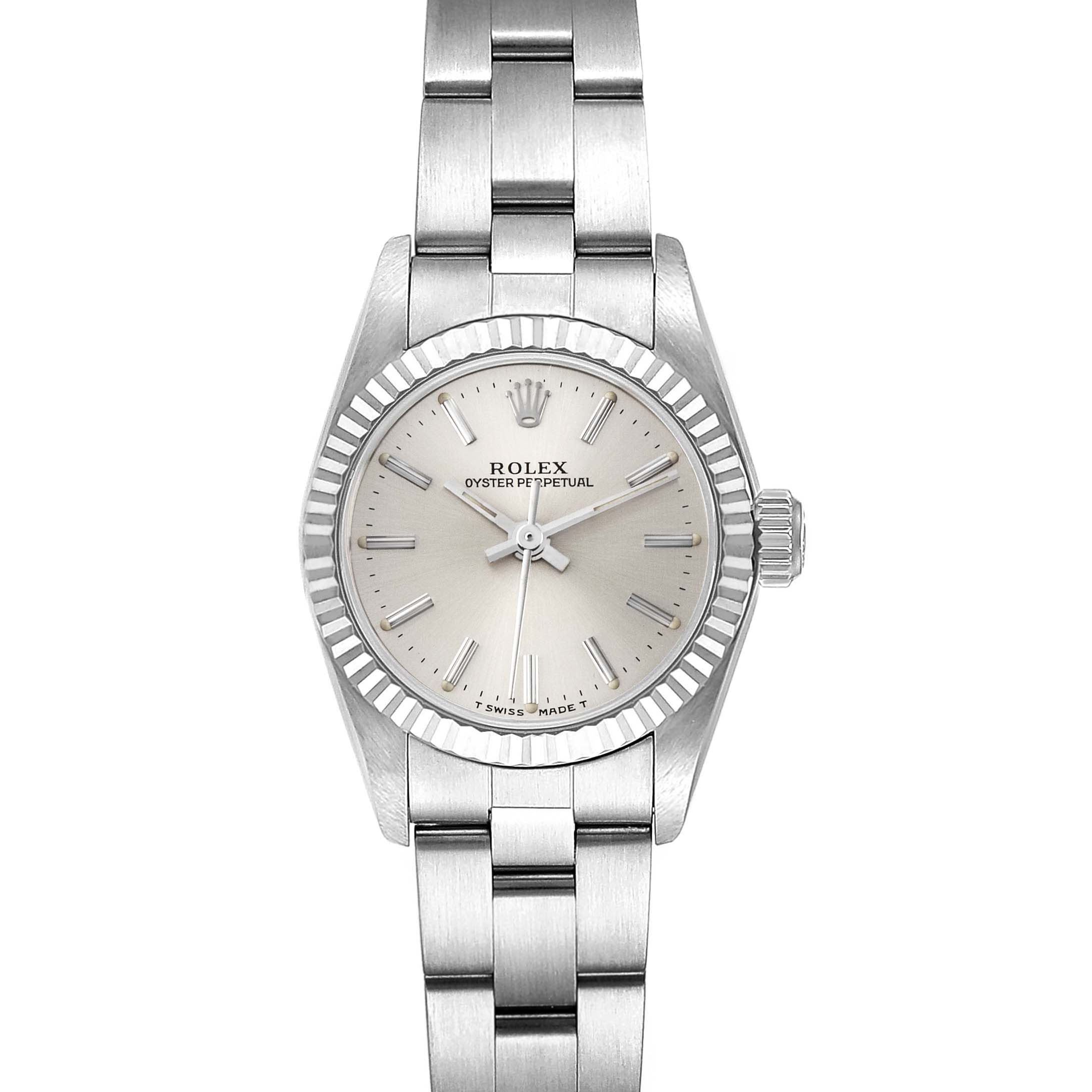 The image shows a front view of the Rolex Oyster Perpetual 67194 Women's Stainless Steel Silver Dial 67194 Women's Stainless Steel Silver Dial watch, displaying the dial, bezel, and bracelet.