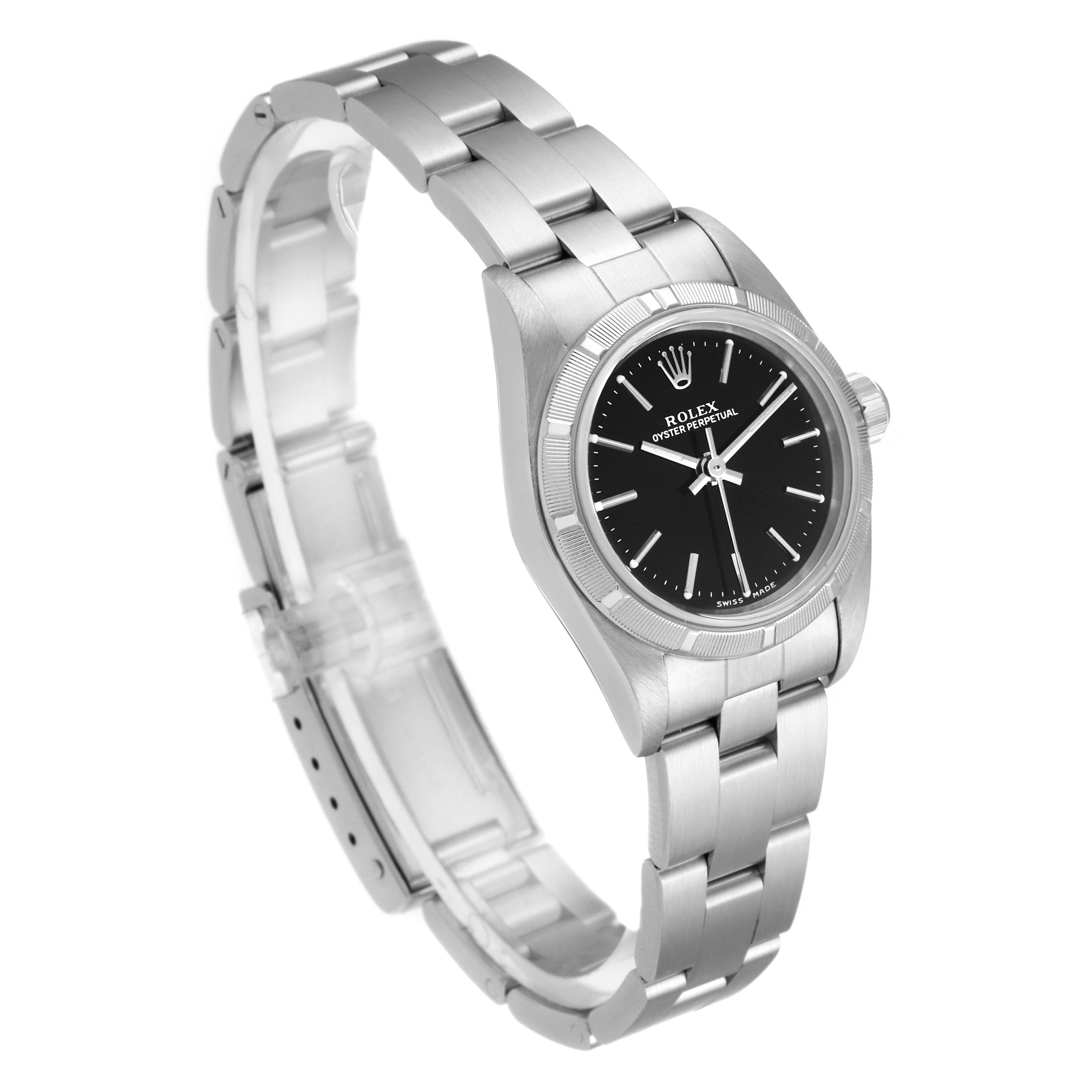 The image shows a side-angle view of a Rolex Oyster Perpetual 76030 Women's Stainless Steel Black Dial 76030 Women's Stainless Steel Black Dial watch, displaying its face, bezel, crown, and metal bracelet.