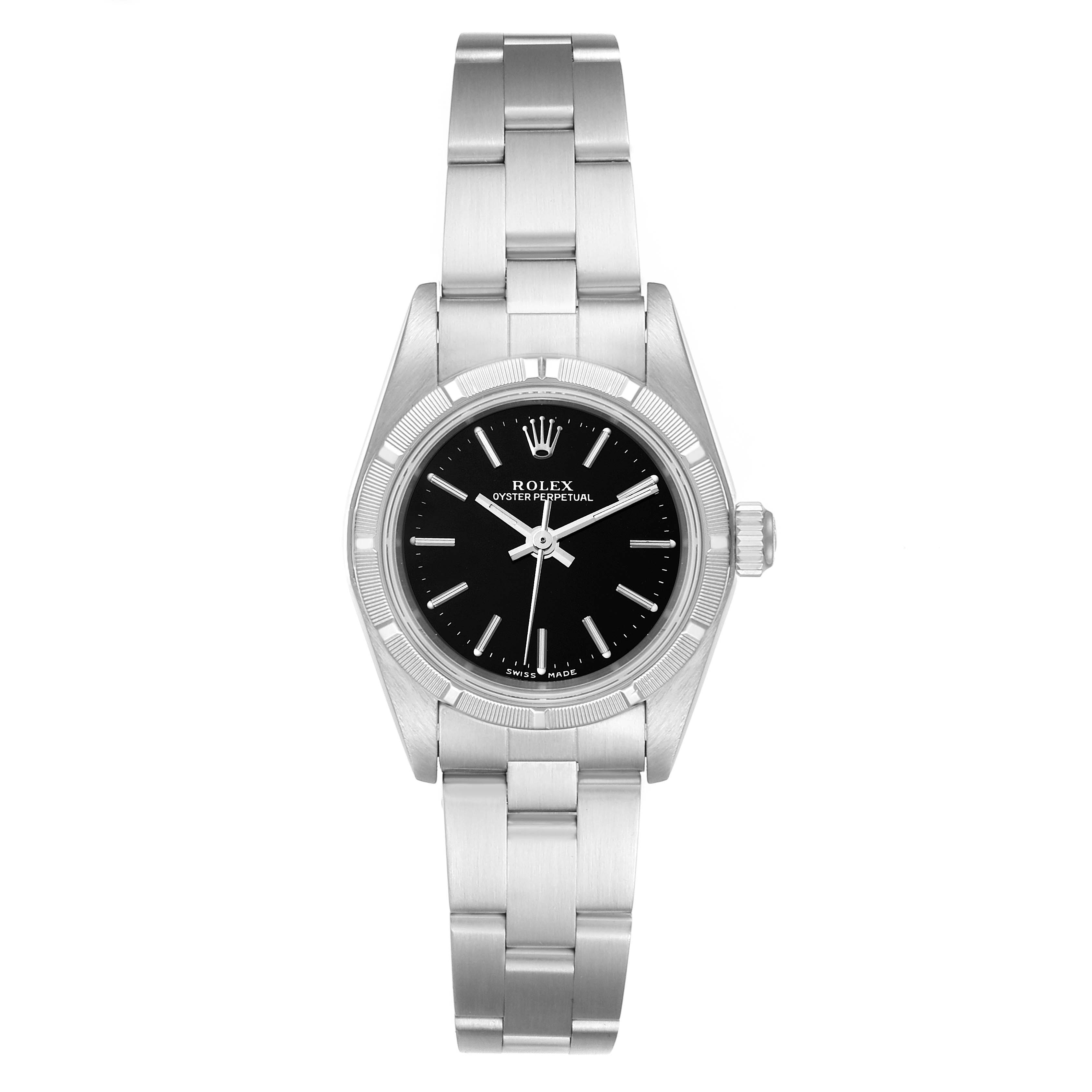 The image shows a front view of a Rolex Oyster Perpetual 76030 Women's Stainless Steel Black Dial 76030 Women's Stainless Steel Black Dial watch with a metal bracelet and black dial.