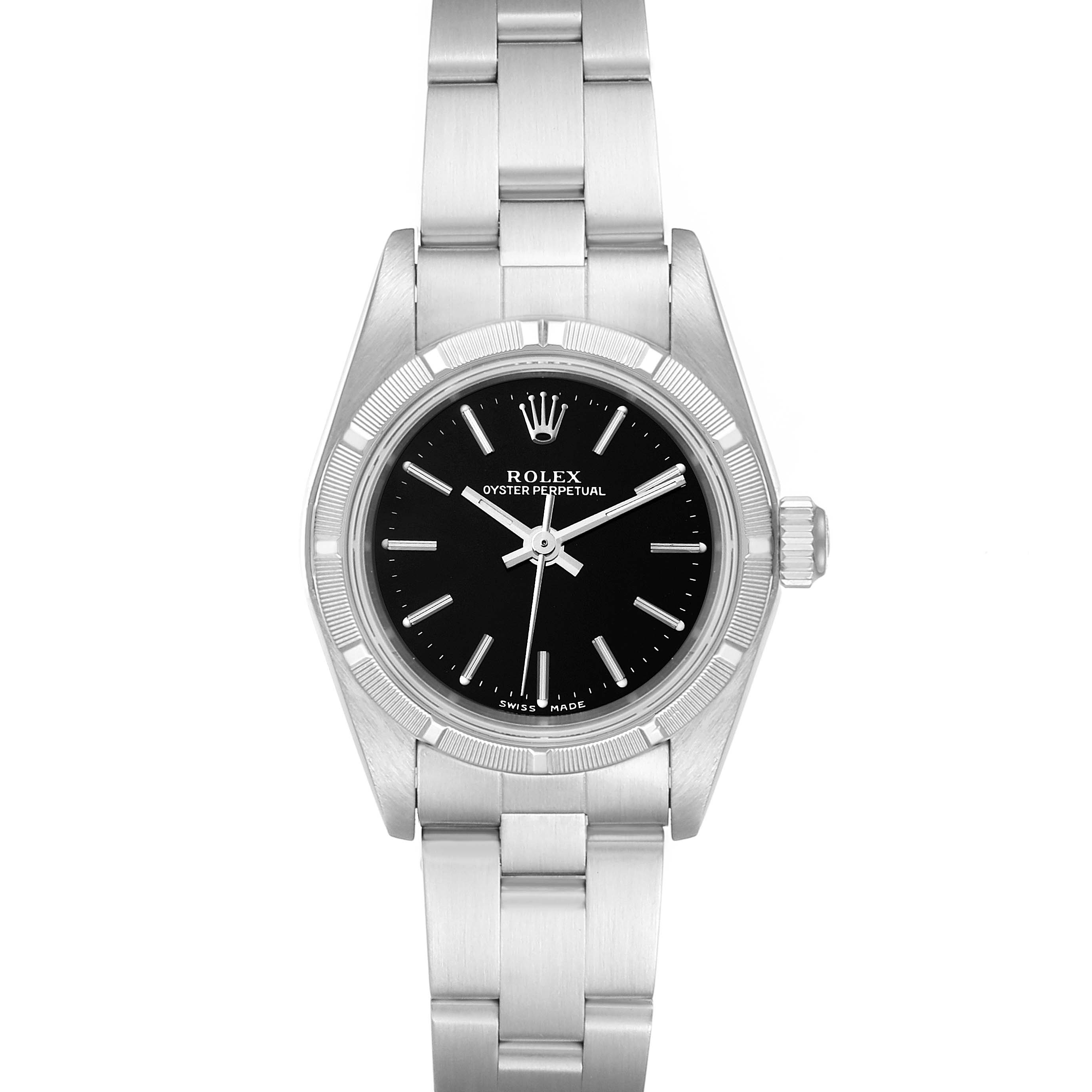The Rolex Oyster Perpetual 76030 Women's Stainless Steel Black Dial 76030 Women's Stainless Steel Black Dial watch is shown from a top-down angle, displaying its black dial, bezel, and bracelet.