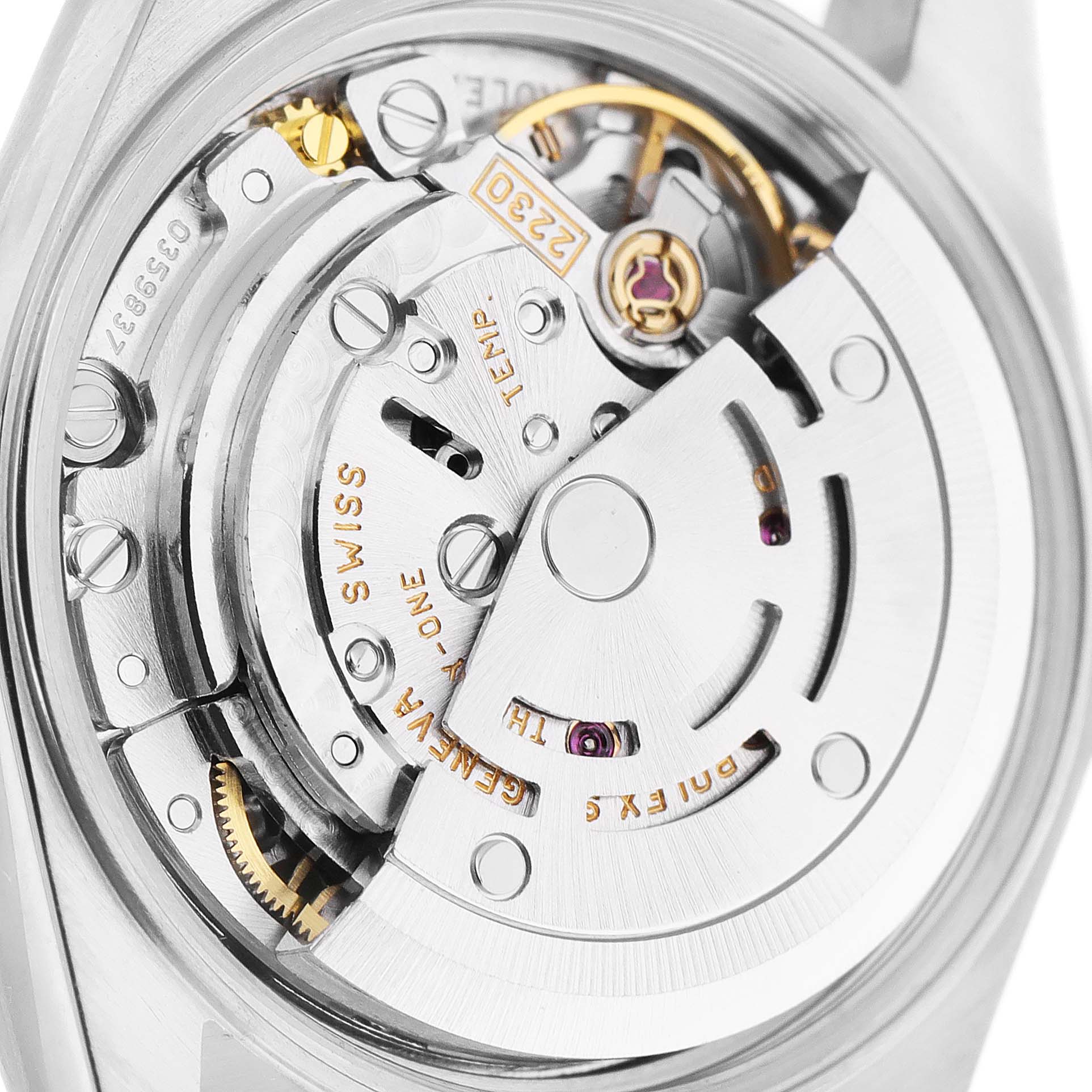 The image shows a close-up view of the inner mechanical movement of a Rolex Oyster Perpetual 76030 Women's Stainless Steel Black Dial 76030 Women's Stainless Steel Black Dial watch.