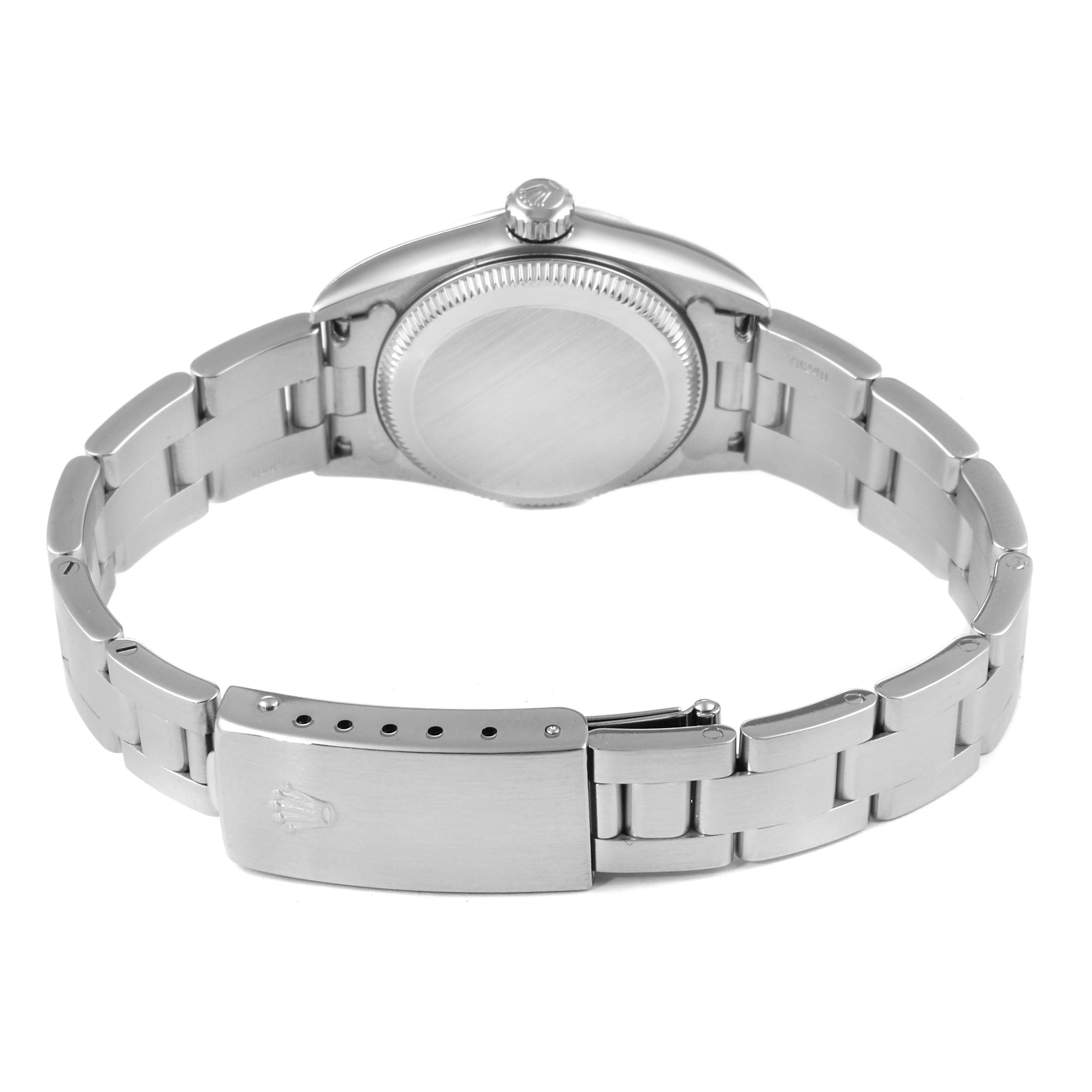 This image shows the back view of a Rolex Oyster Perpetual 76030 Women's Stainless Steel Black Dial 76030 Women's Stainless Steel Black Dial model, highlighting the case back and bracelet clasp.