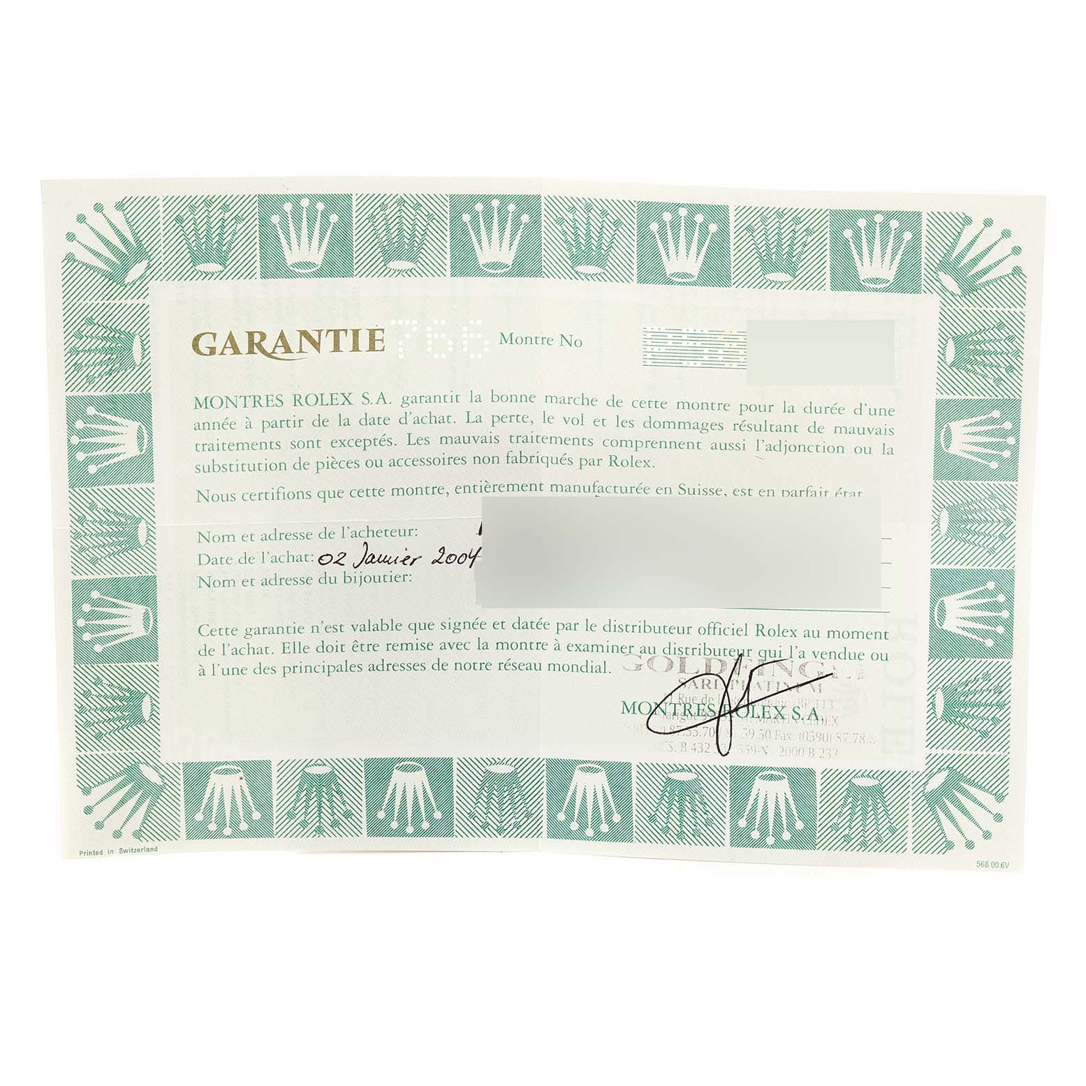 The image shows a warranty certificate for a Rolex Oyster Perpetual 76030 Women's Stainless Steel Black Dial 76030 Women's Stainless Steel Black Dial watch.