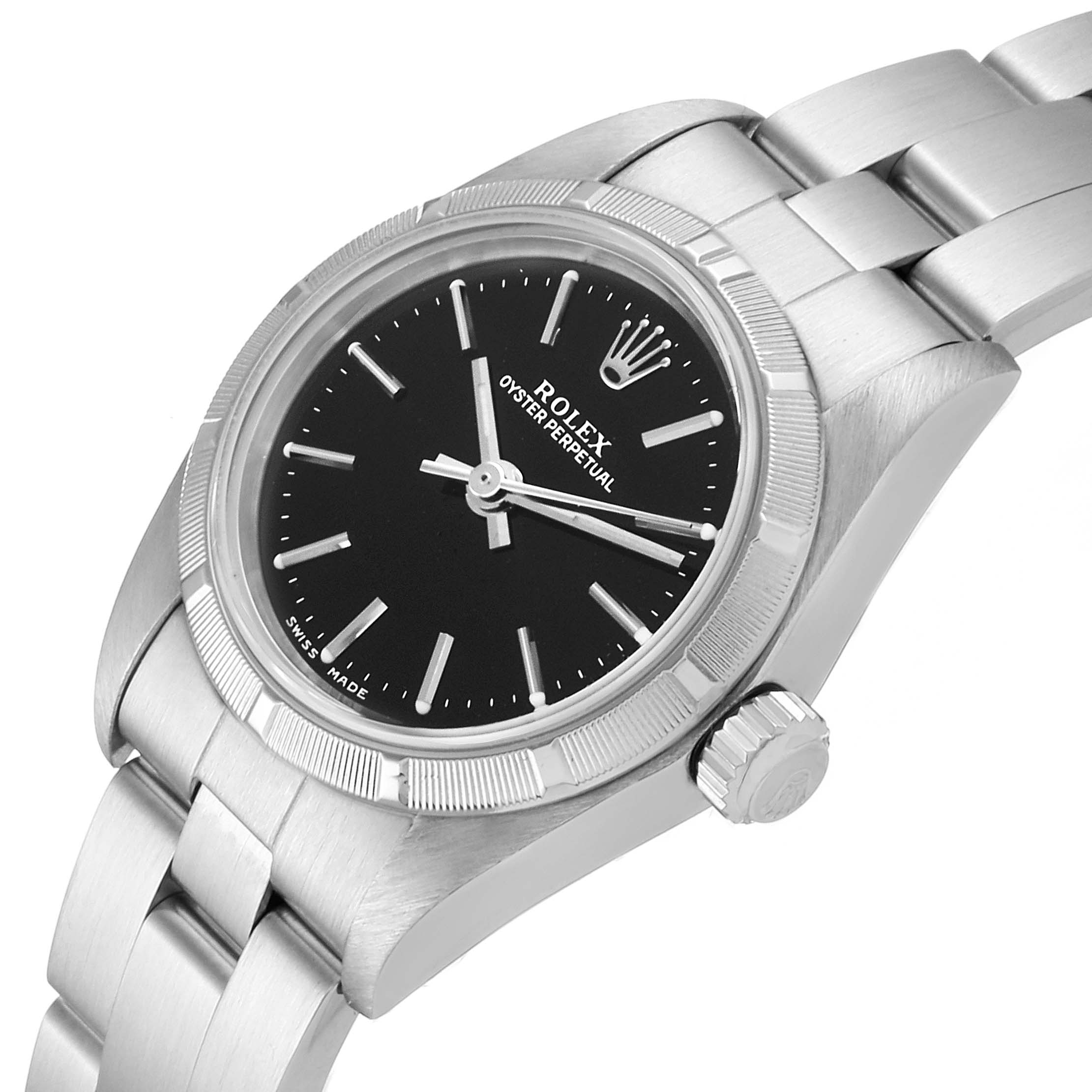 This image shows the Rolex Oyster Perpetual 76030 Women's Stainless Steel Black Dial 76030 Women's Stainless Steel Black Dial watch from a front angle, highlighting the dial, bezel, and bracelet.