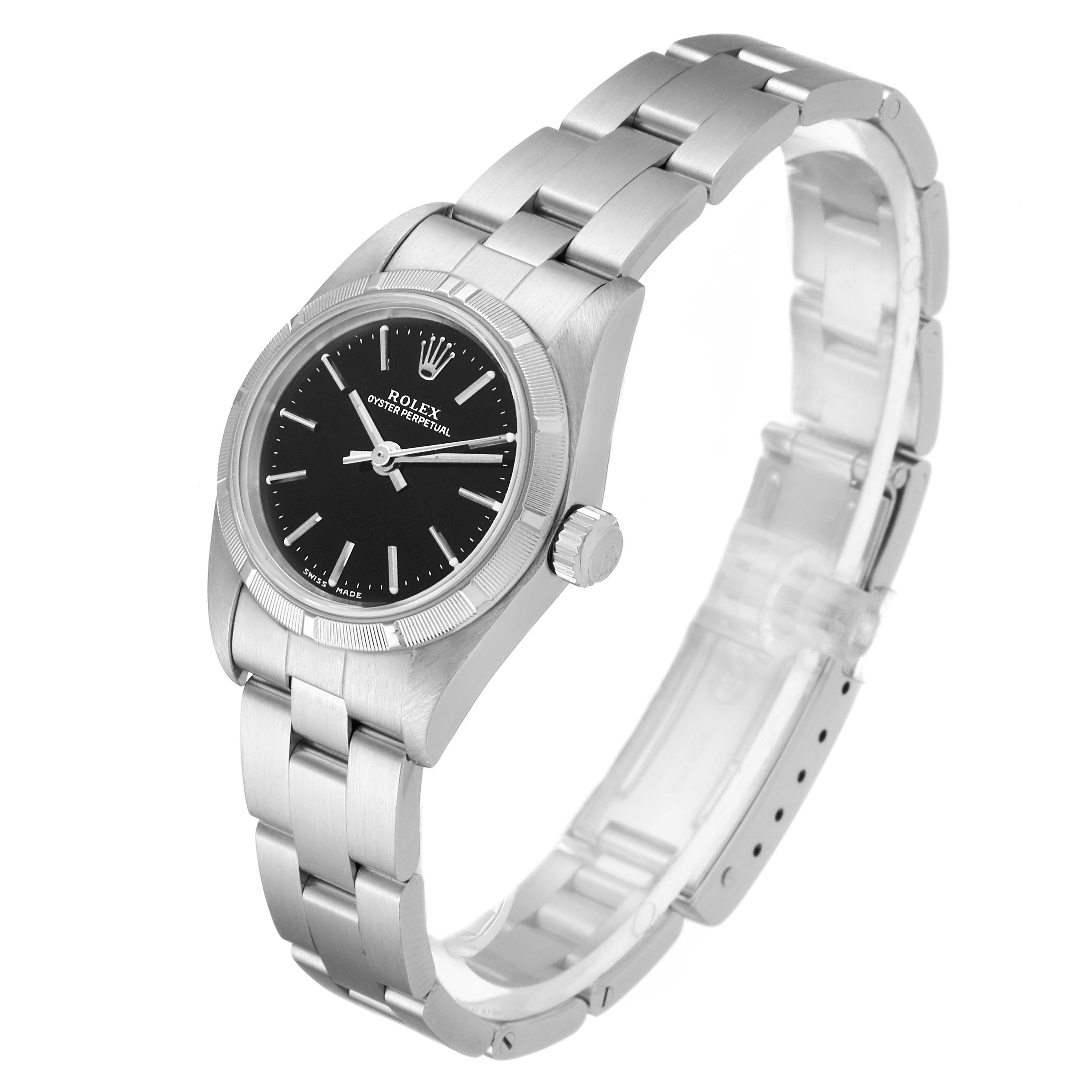 The Rolex Oyster Perpetual 76030 Women's Stainless Steel Black Dial 76030 Women's Stainless Steel Black Dial watch is shown at an angled front view, highlighting the bracelet, black dial, casing, and crown.