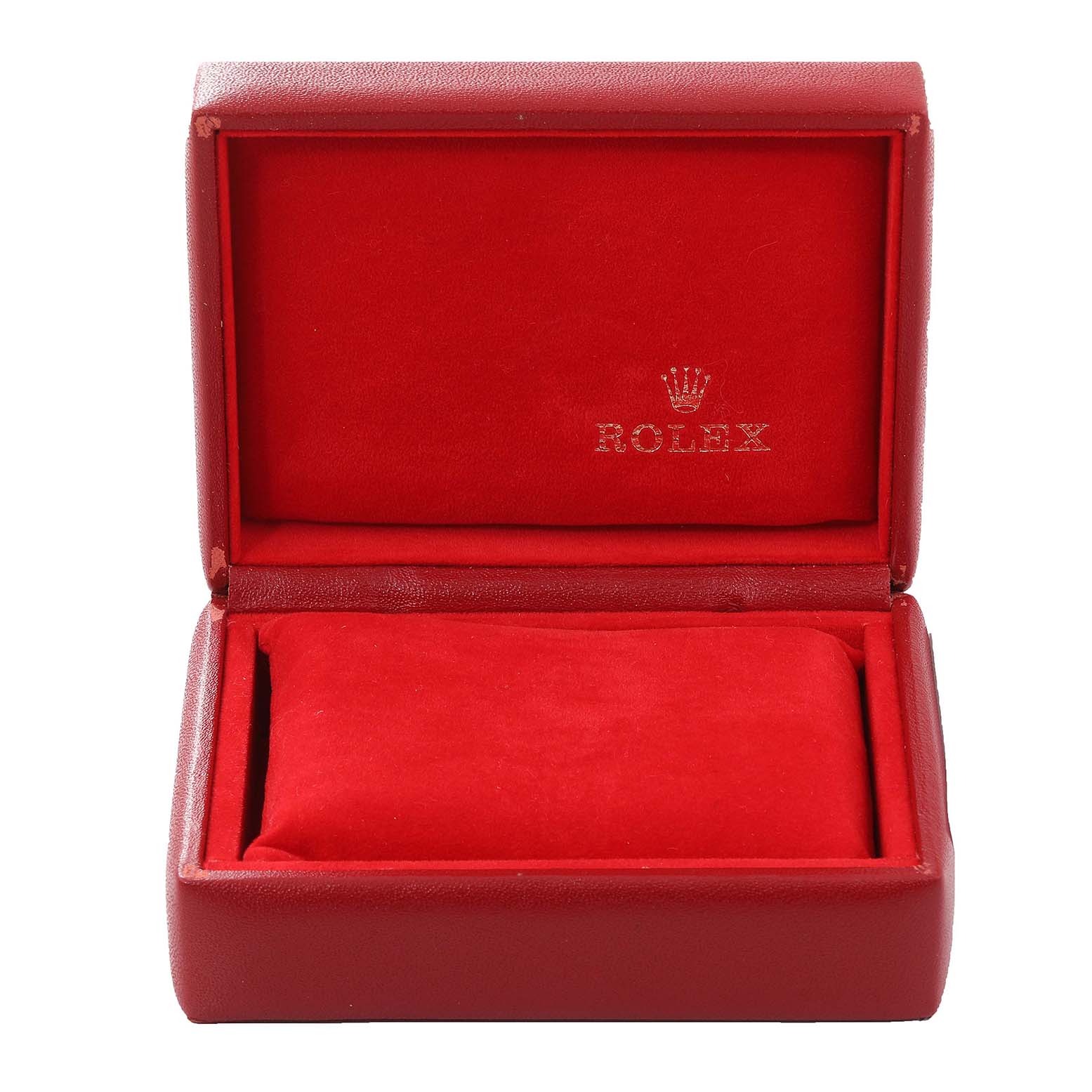 The image shows an open red watch box for the Rolex Oyster Perpetual 67243 Women's Steel and Gold (two tone) Champagne Dial 67243 Women's Steel and Gold (two tone) Champagne Dial model, with the logo and name inside.