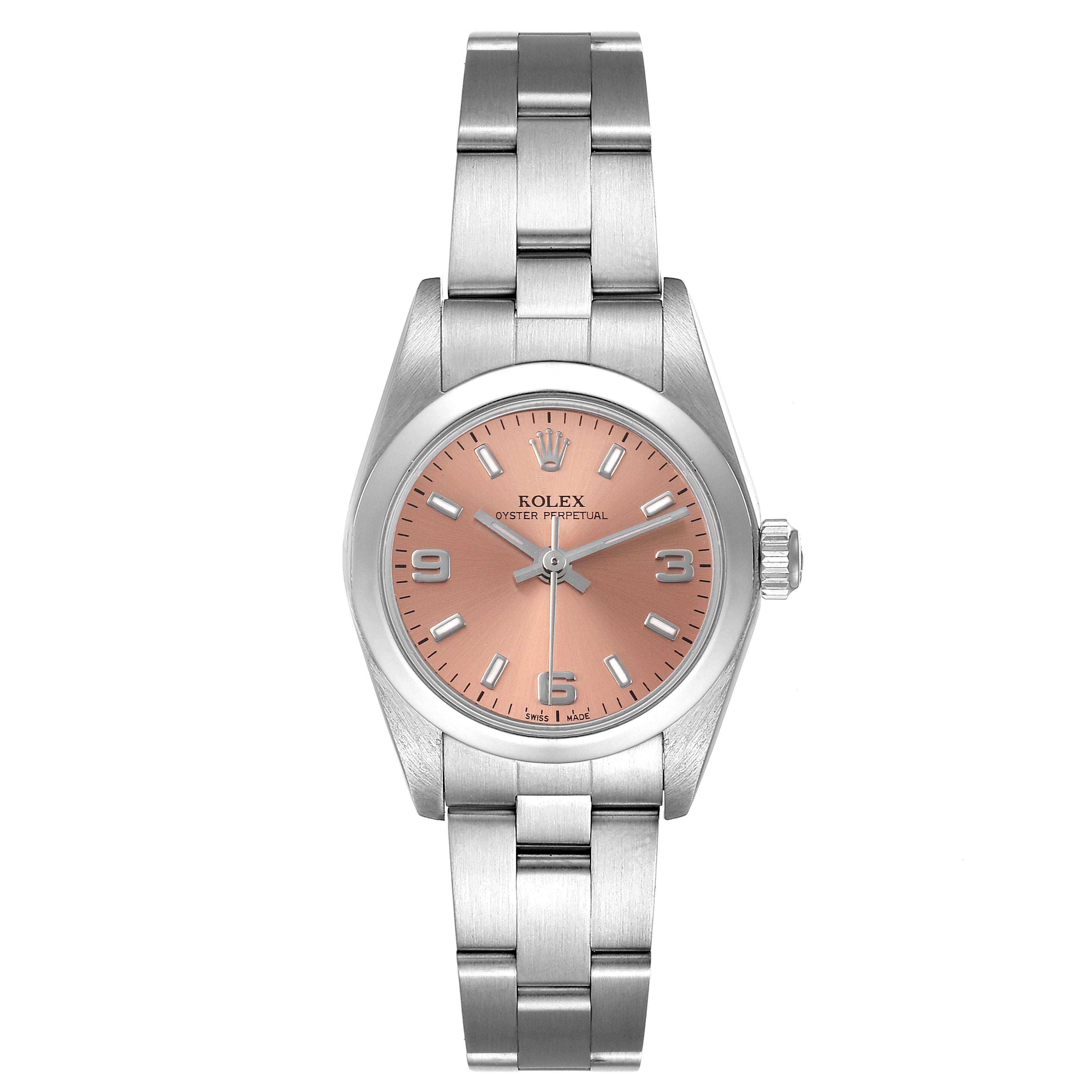 The Rolex Oyster Perpetual 76080 Women
s Stainless Steel Pink Dial 76080 Women
s Stainless Steel Pink Dial watch is shown from a top-down angle, featuring its full stainless steel bracelet and salmon-colored dial.