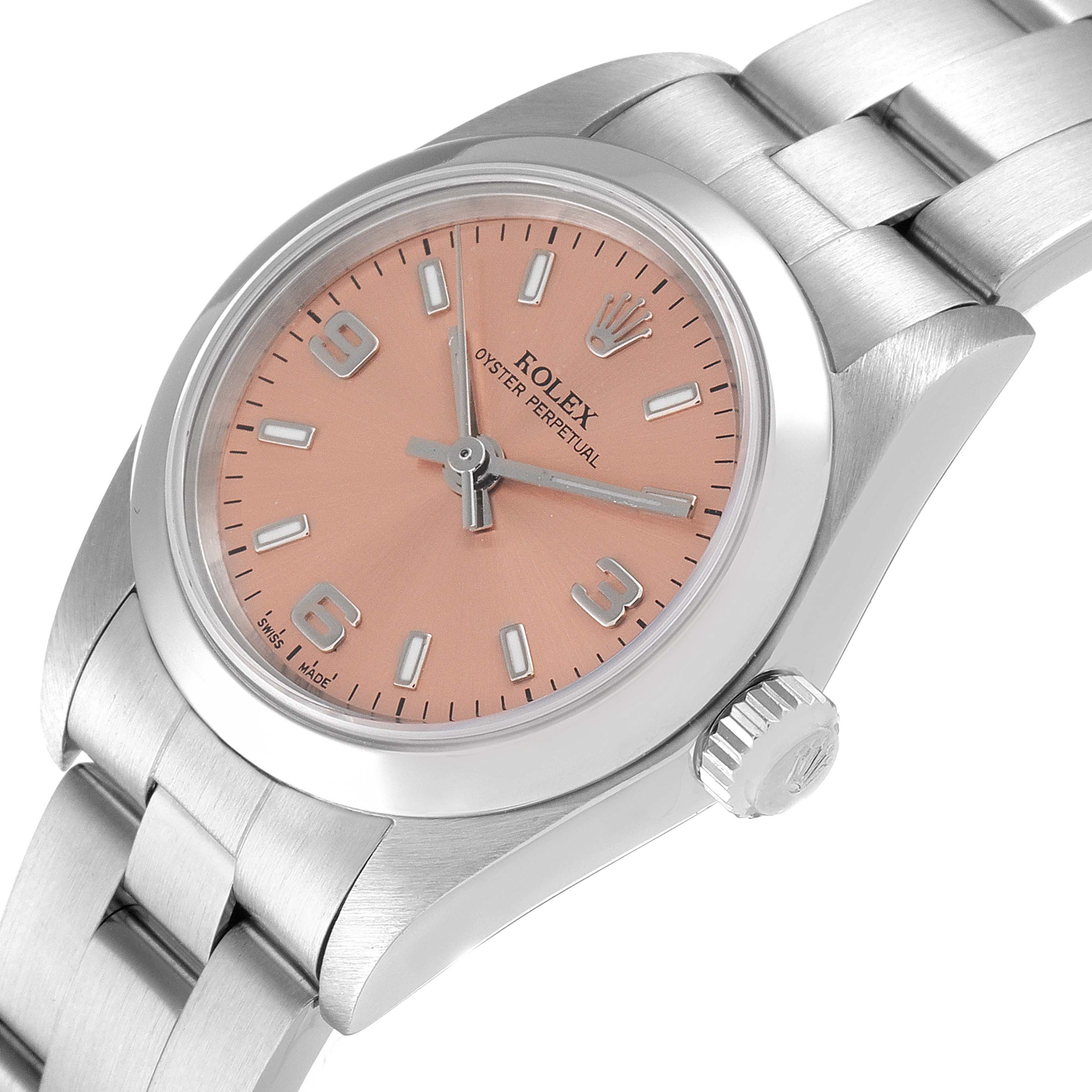 The image shows a close-up of the Rolex Oyster Perpetual 76080 Women
s Stainless Steel Pink Dial 76080 Women
s Stainless Steel Pink Dial watch, highlighting the pink dial, bezel, case, and bracelet.